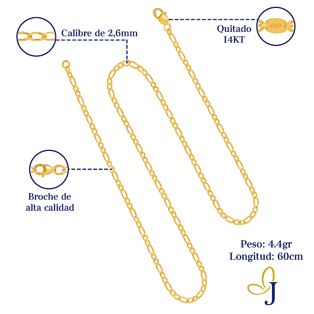Italian Figaro 14k Gold Chain for Men 50cm Gauge 2.6mm