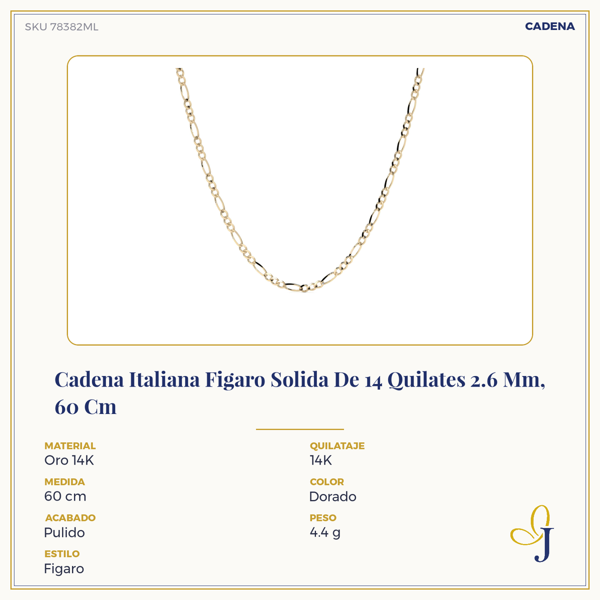 Cadena De Oro Hombre Italiana Figaro 14k Calibre 2.6 Mm
