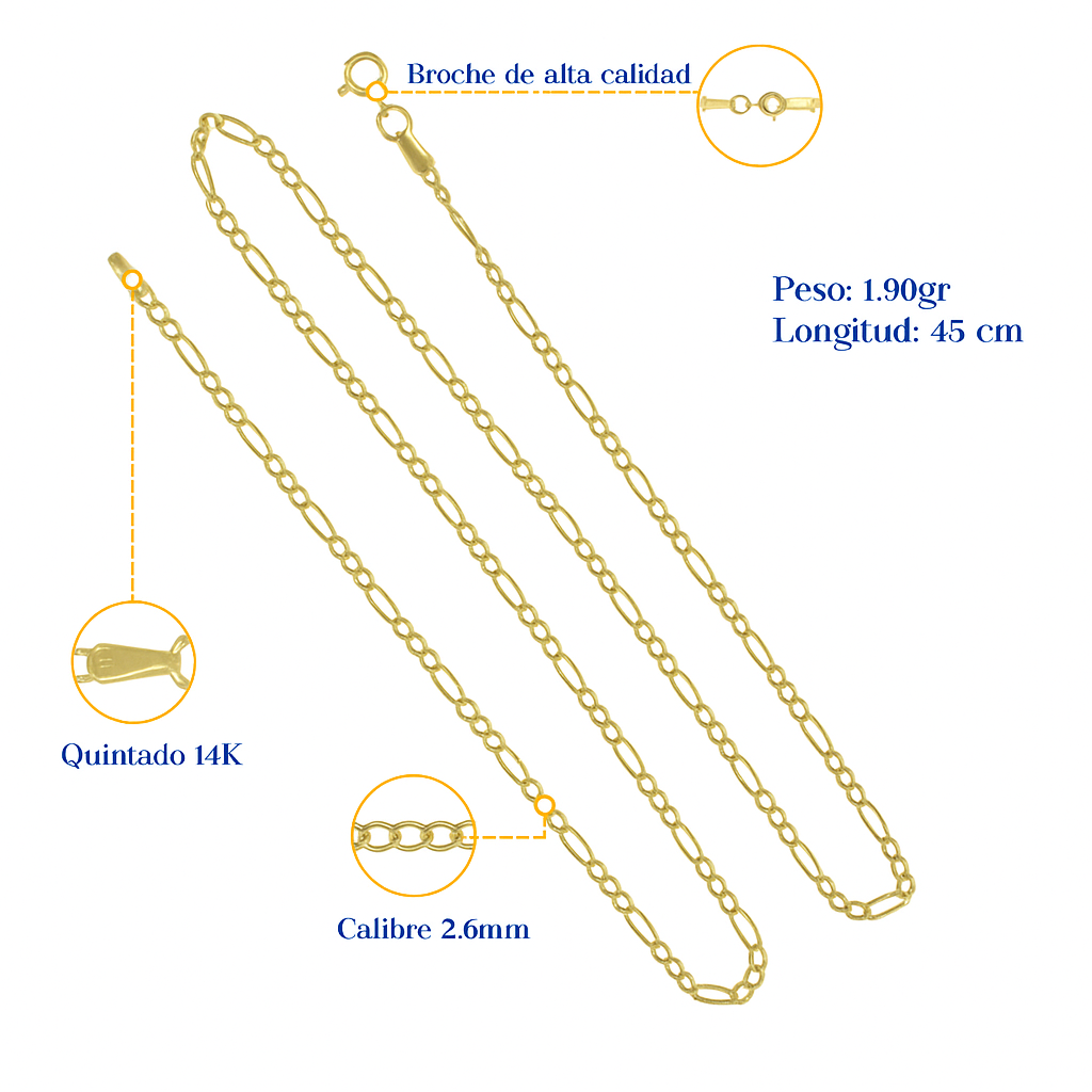 14k Italian Gold Chain, 3x1 Hollow Figaro Style, 40 cm