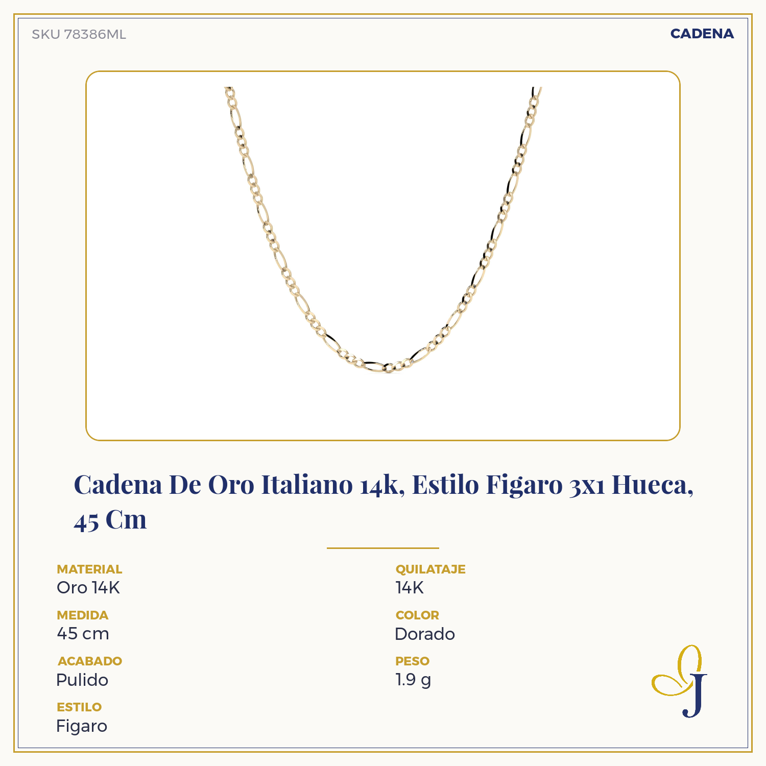 Cadena De Oro Italiano 10k, Estilo Figaro 3x1 Hueca, 40 Cm Dorado