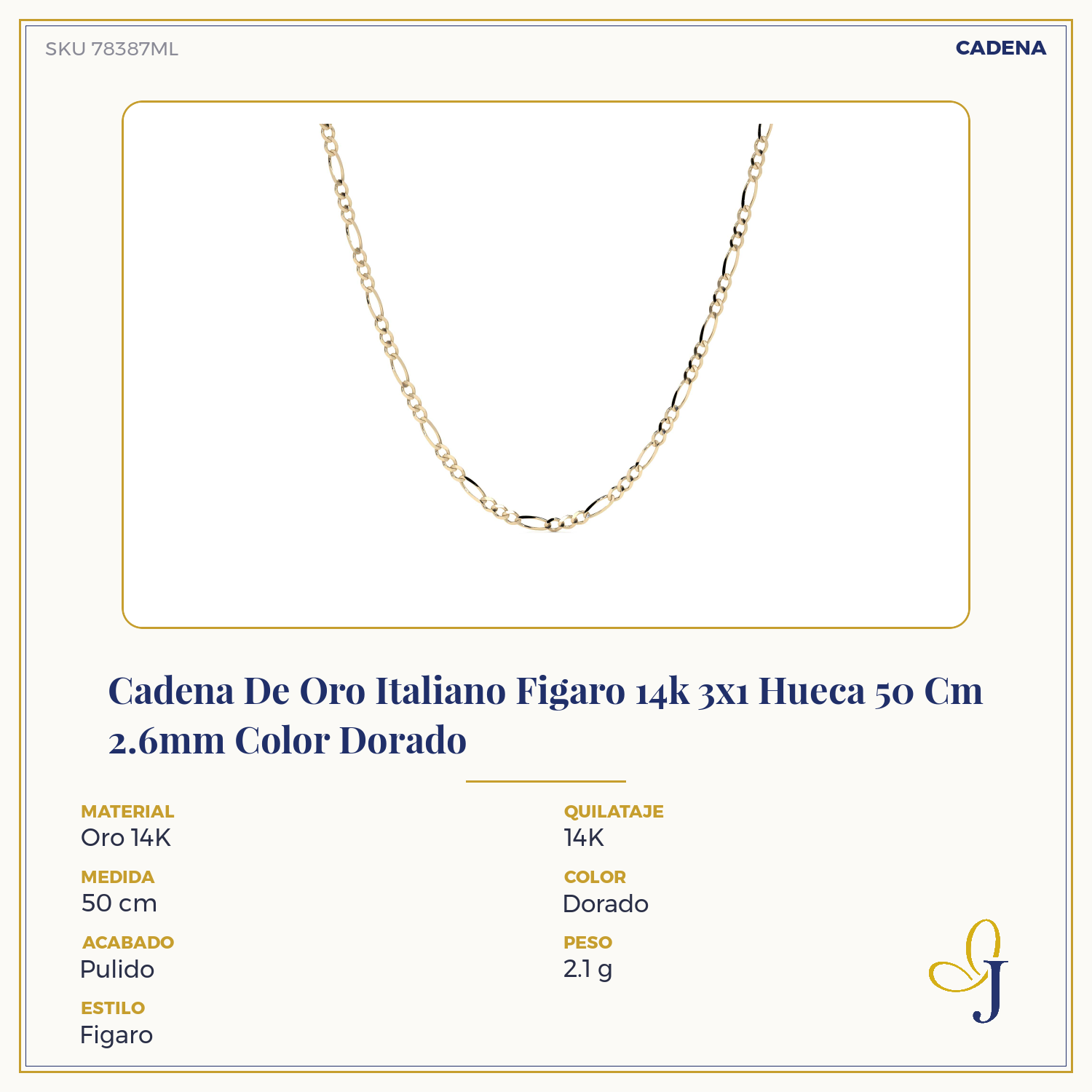 Cadena De Oro Italiano 10k, Estilo Figaro 3x1 Hueca, 40 Cm Dorado