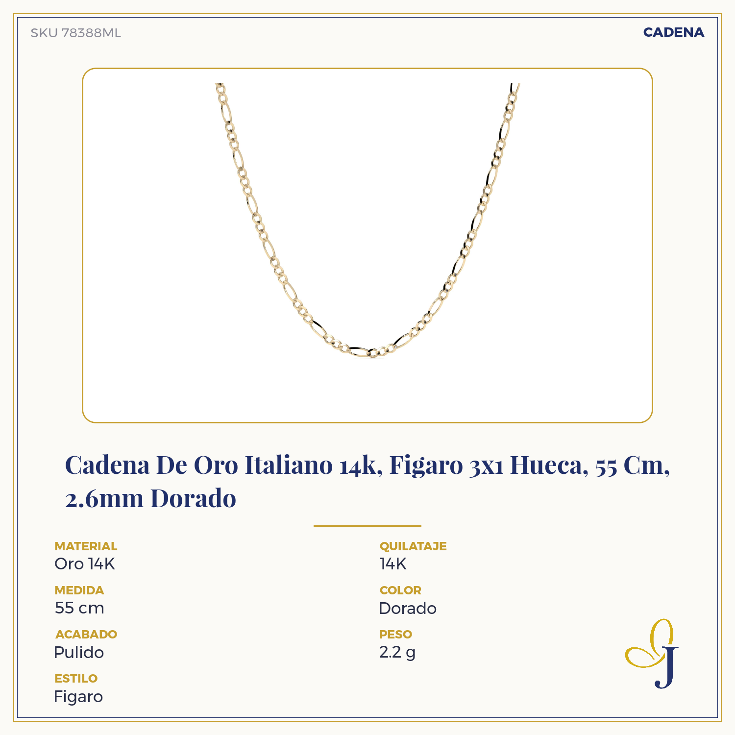 Cadena De Oro Italiano 10k, Estilo Figaro 3x1 Hueca, 40 Cm Dorado