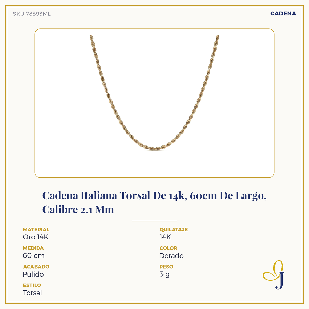Cadena De Oro Italiano 14k Torsal Calibre Hombre 2.1mm