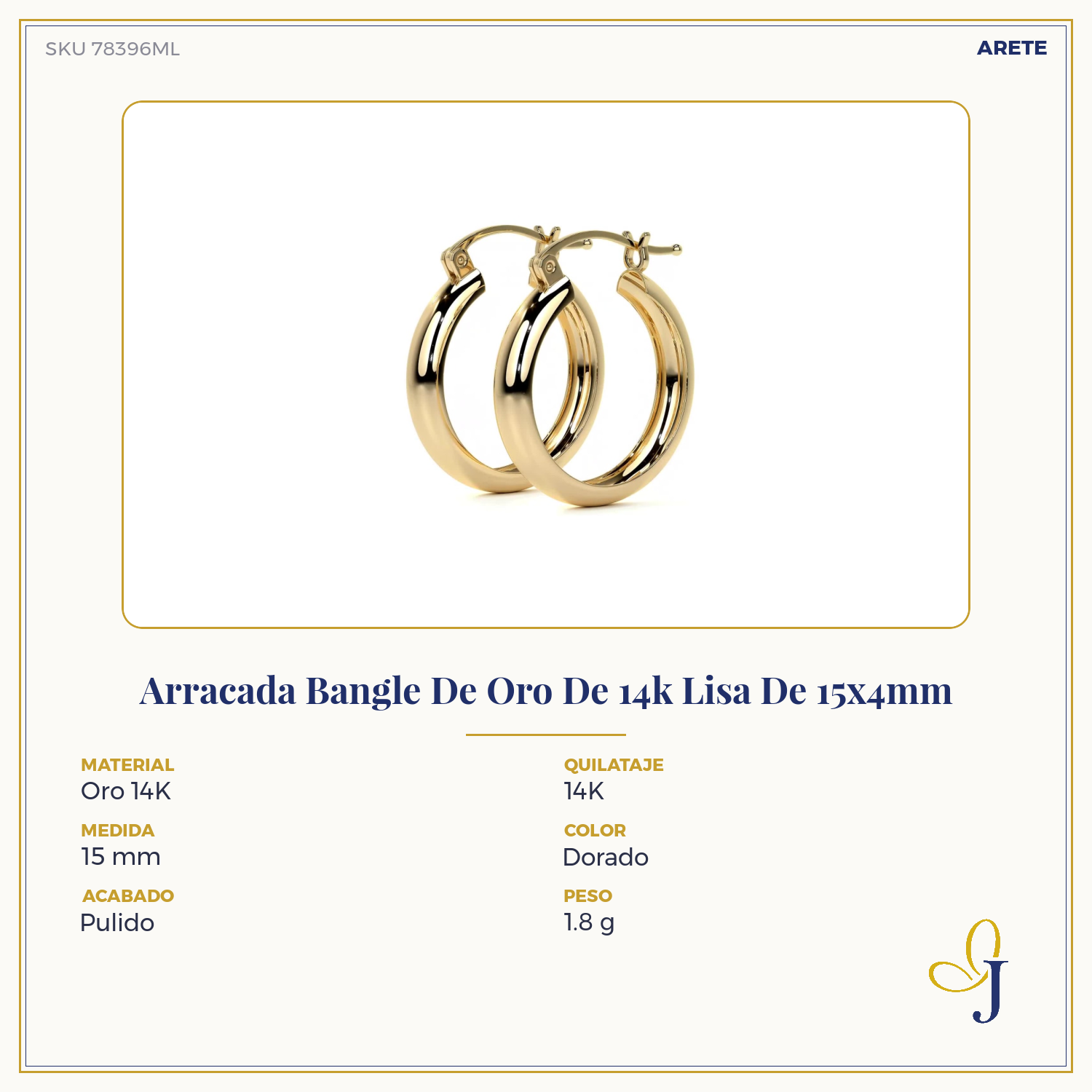 Arracada Bangle De Oro De 14k Lisa De 15x4mm