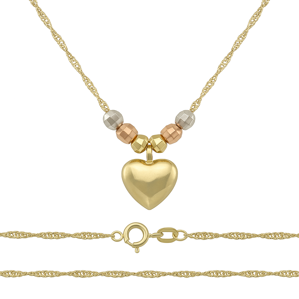 Gargantilla Italiana 14k o 10K De Corazón Inflado Y Bolas Tricolor