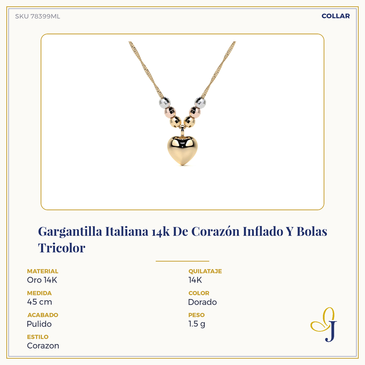 Gargantilla Italiana 14k o 10K De Corazón Inflado Y Bolas Tricolor