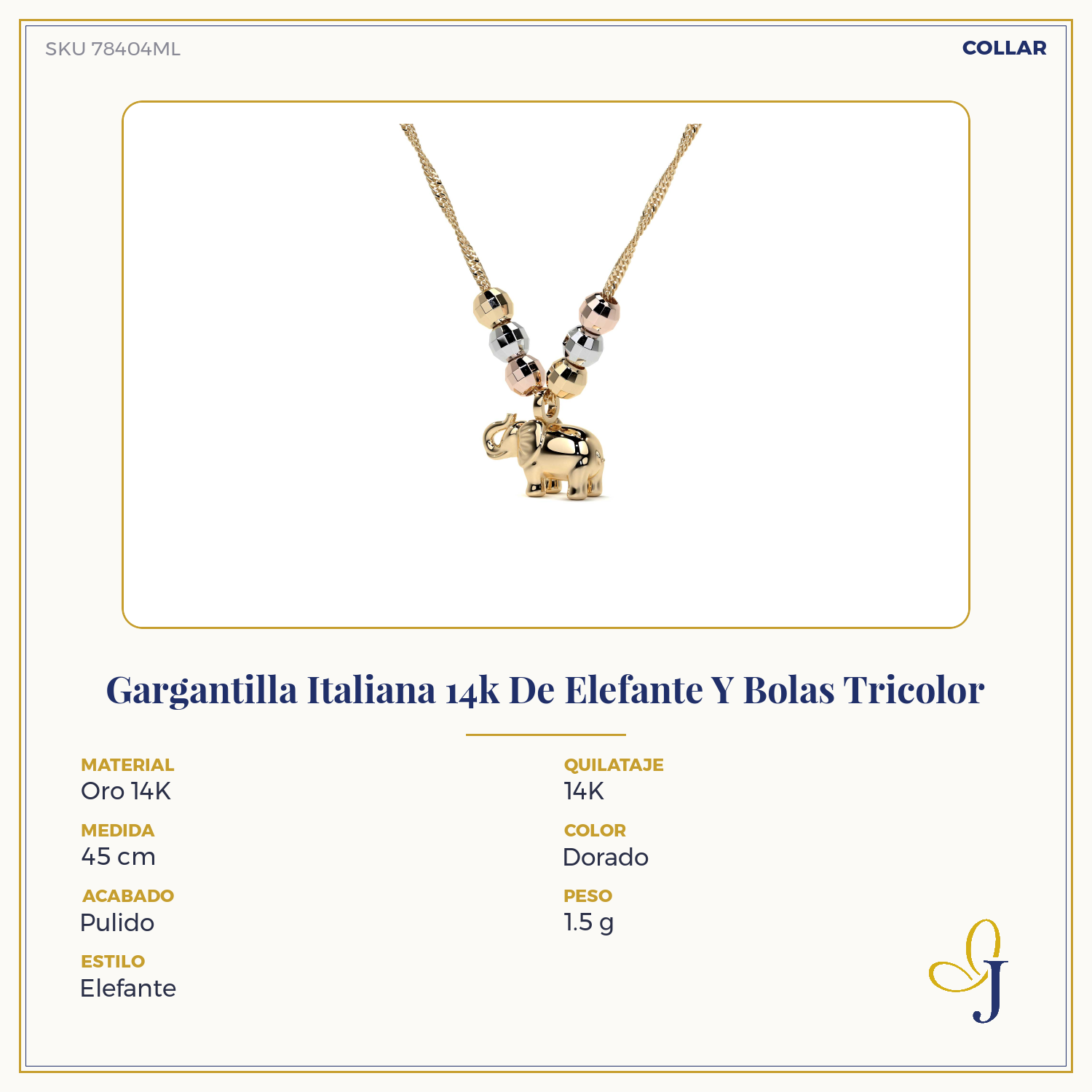 Gargantilla Italiana 14k De Elefante Y Bolas Tricolor