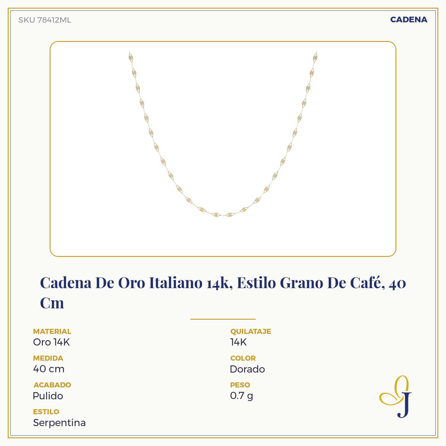 Cadena De Oro Italiano 14k, Estilo Grano De Café, 40 Cm