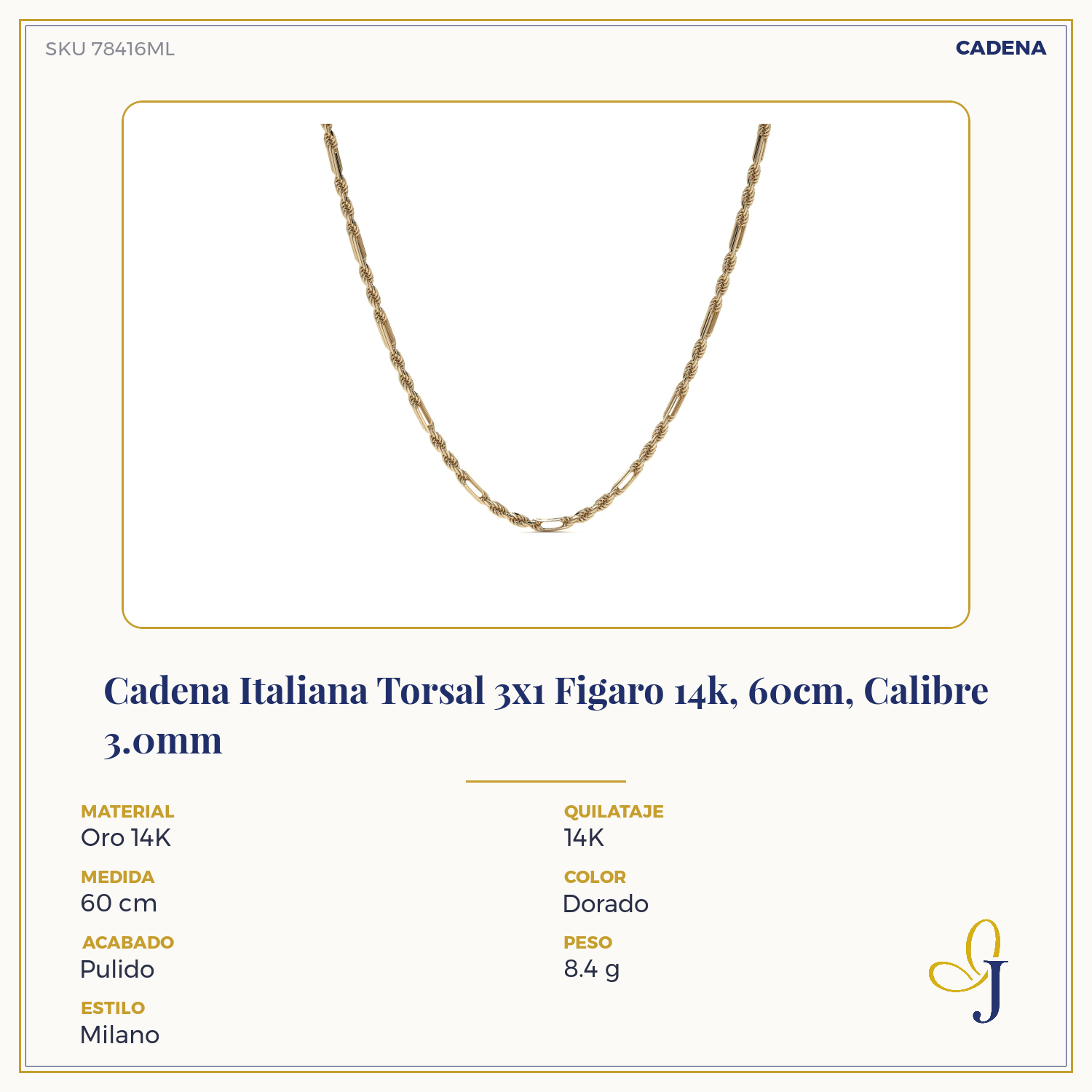 Cadena Italiana Torsal 3x1 Figaro 14k, 60cm, Calibre 3.0mm