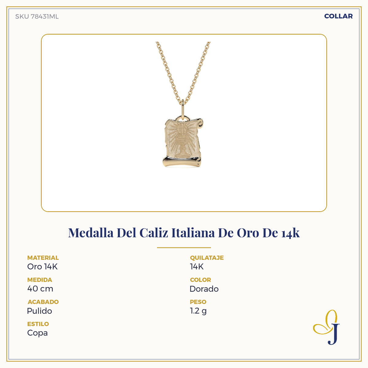 Medalla Del Caliz Italiana De Oro De 14k Para Mujer