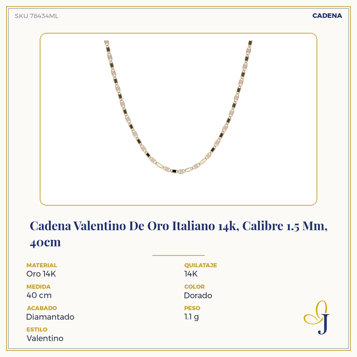 Cadena de Oro 14K Valentino 40cm | Collar de Oro Italiano con Broche de Argolla | Joyería Fina
