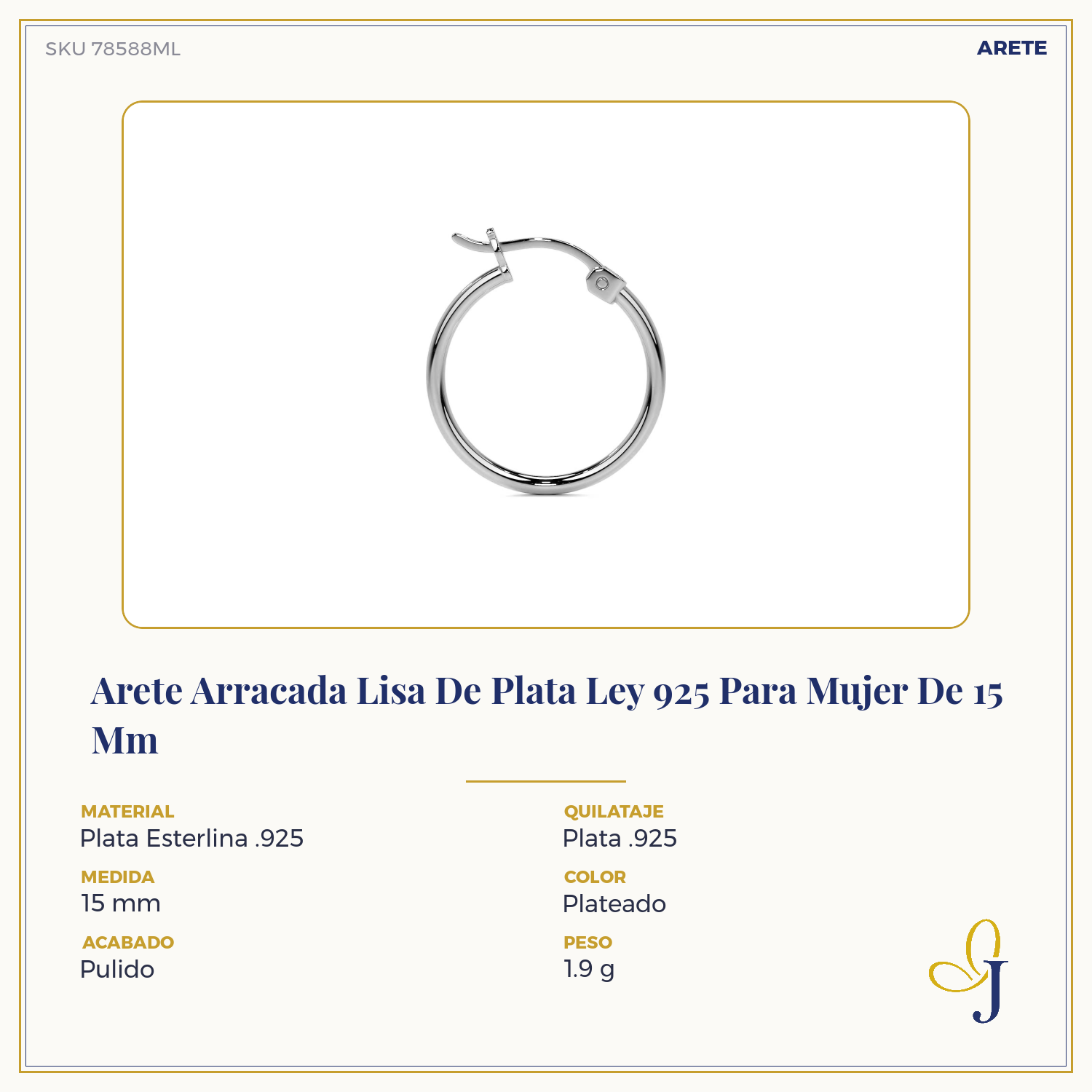 Arete Arracada Lisa De Plata Ley 925 Para Mujer De 15 Mm