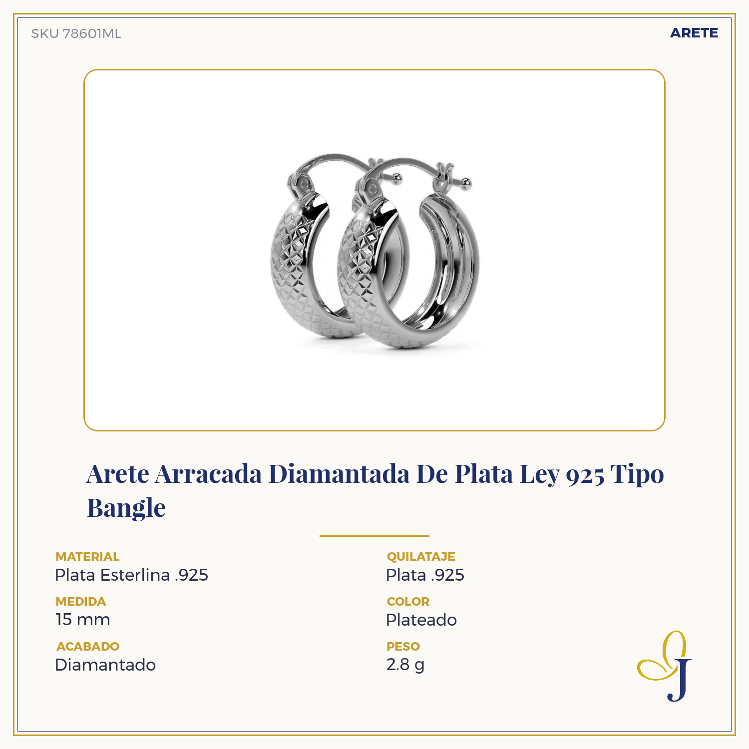 Arete Arracada Diamantada De Plata Ley 925 Tipo Bangle