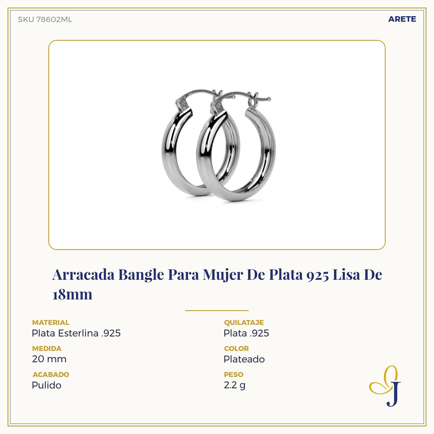 Arracada Bangle Para Mujer De Plata 925 Lisa De 18mm