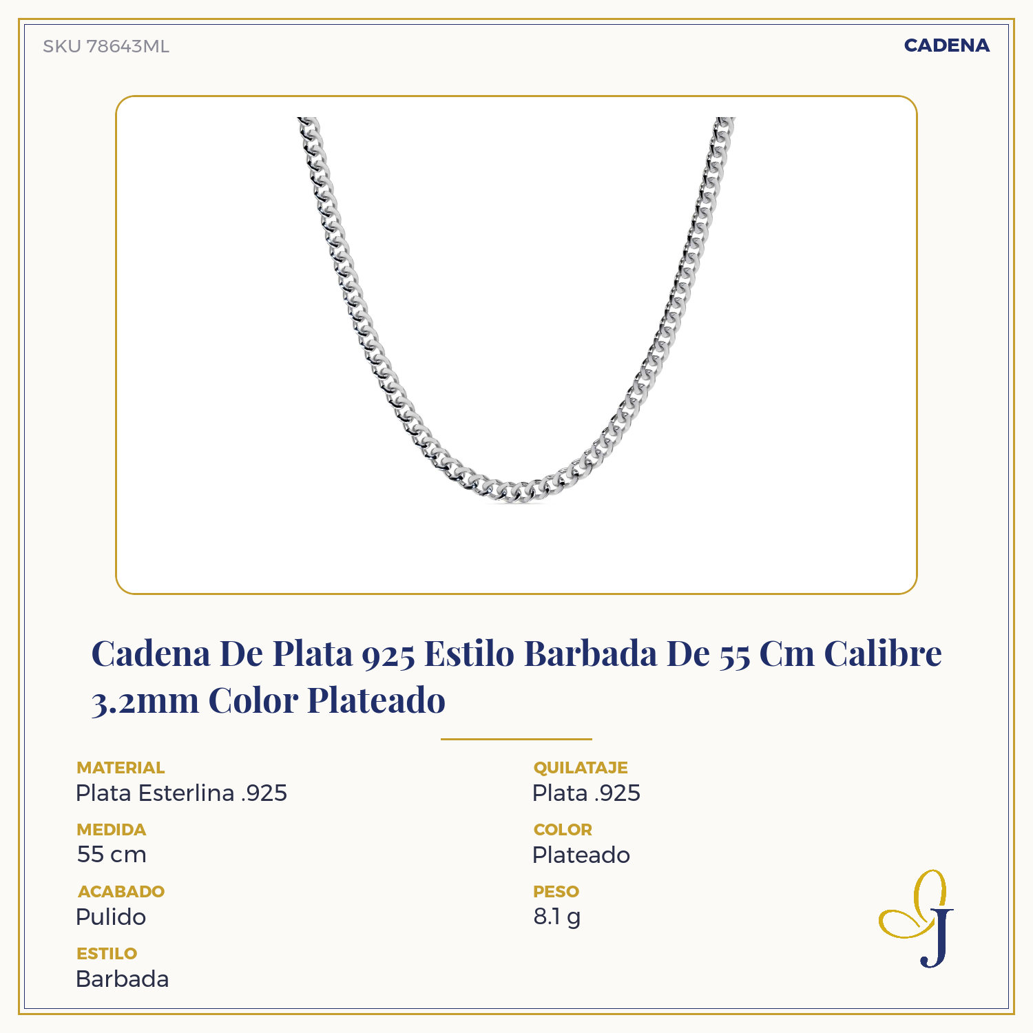Cadena De Plata 925 Estilo Barbada De 55 Cm Calibre 3.2mm Color Plateado