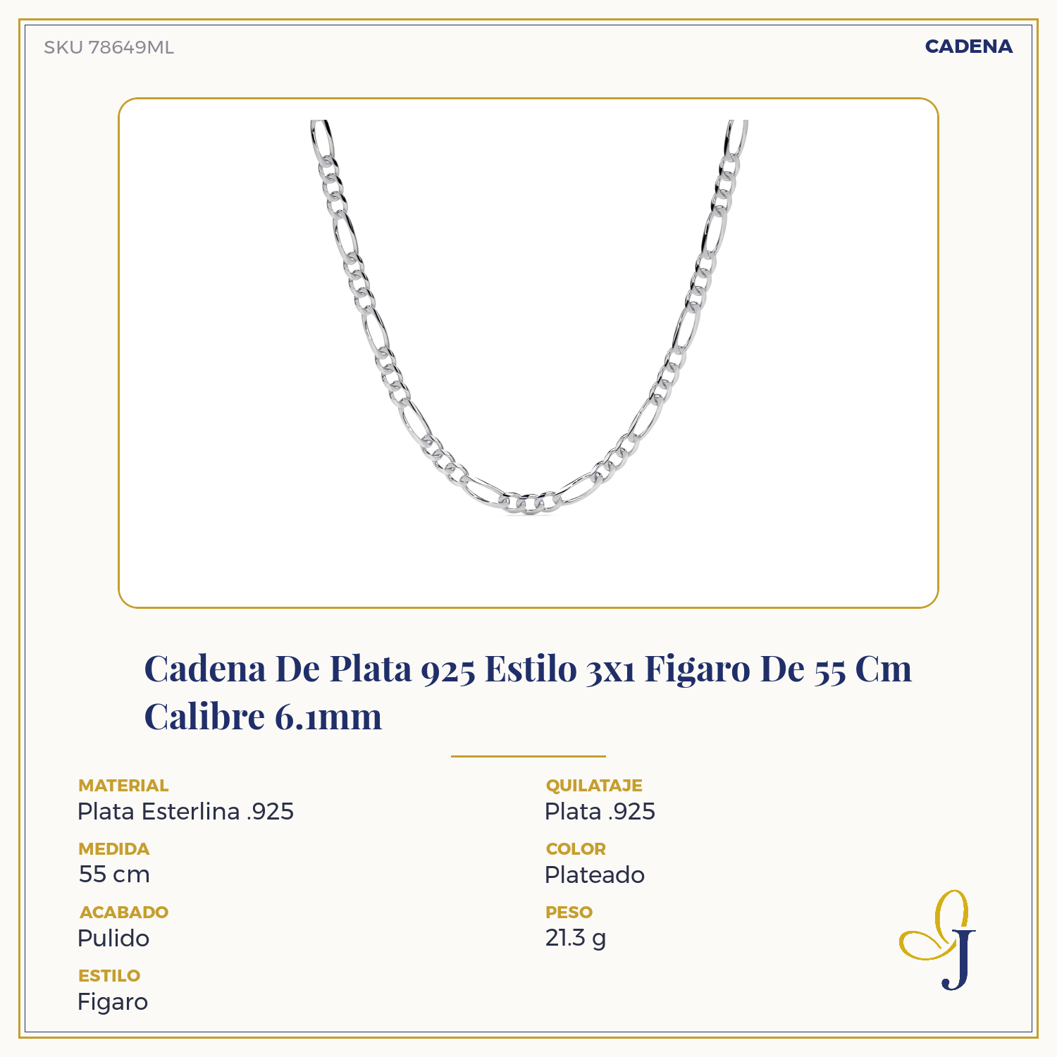 Cadena De Plata 925 Estilo 3x1 Figaro De 55 Cm Calibre 6.1mm