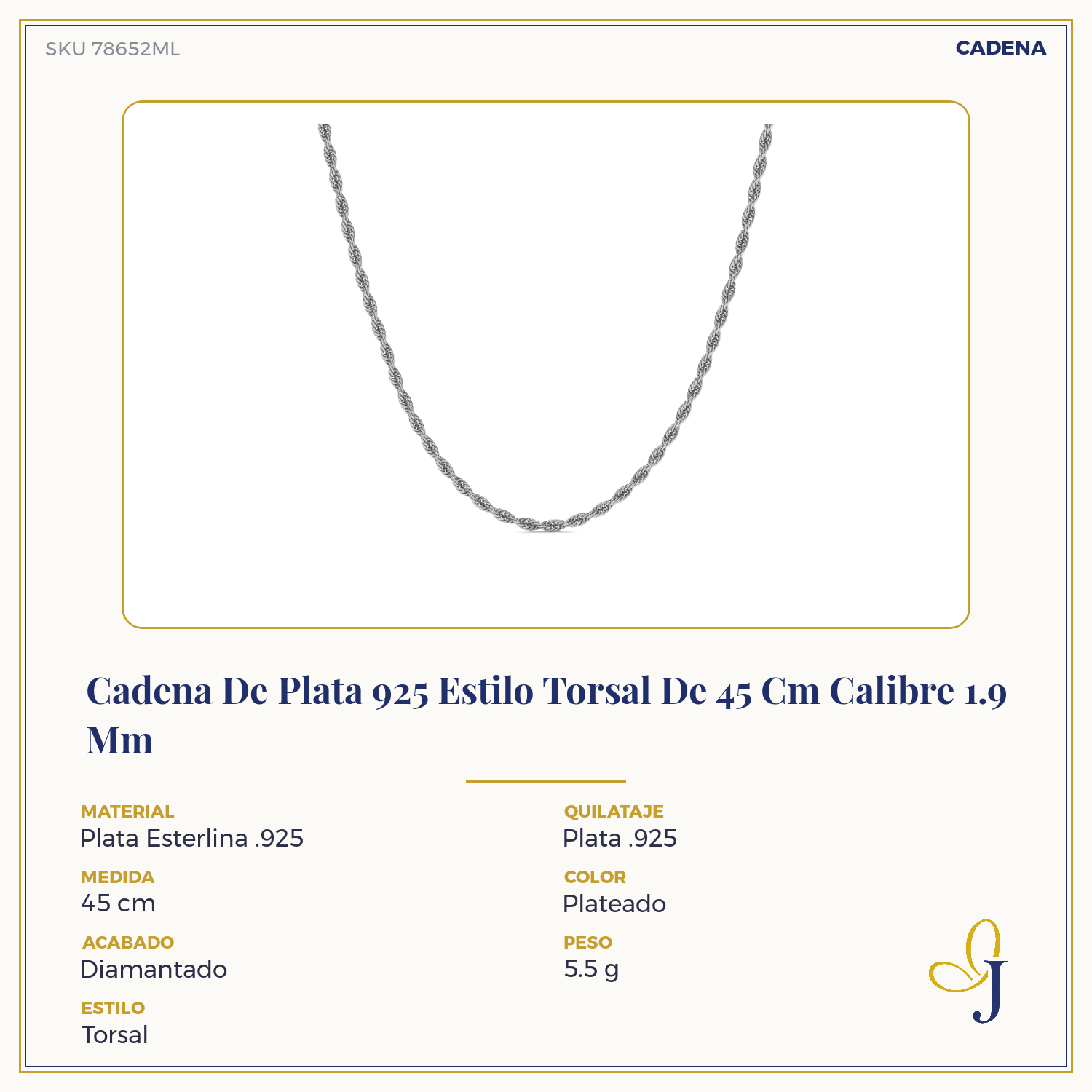 Cadena De Plata 925 Estilo Torsal Calibre 1.9 Mm, 4 Colores
