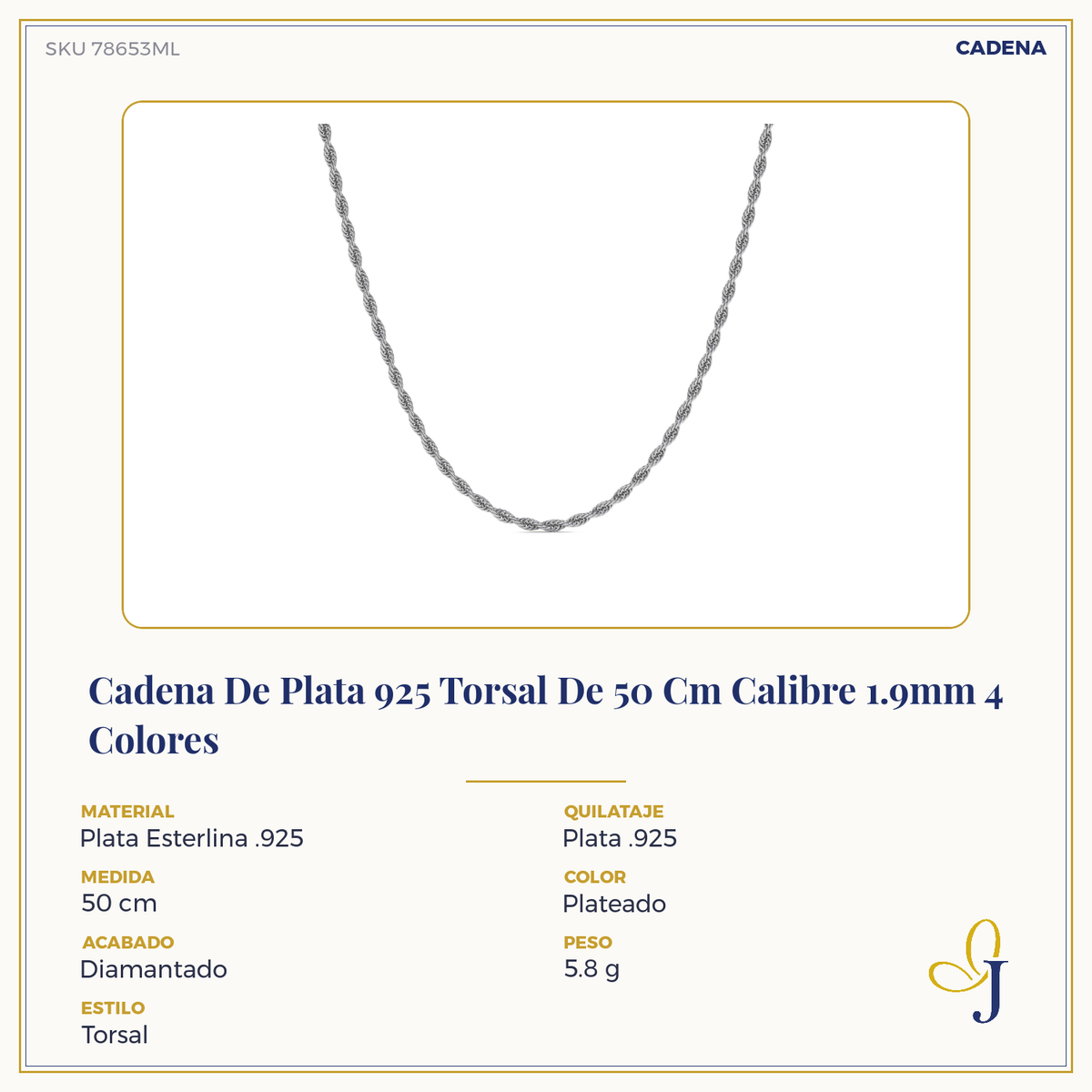 Cadena De Plata 925 Italiana Torsal Calibre 1.9mm en 4 colores
