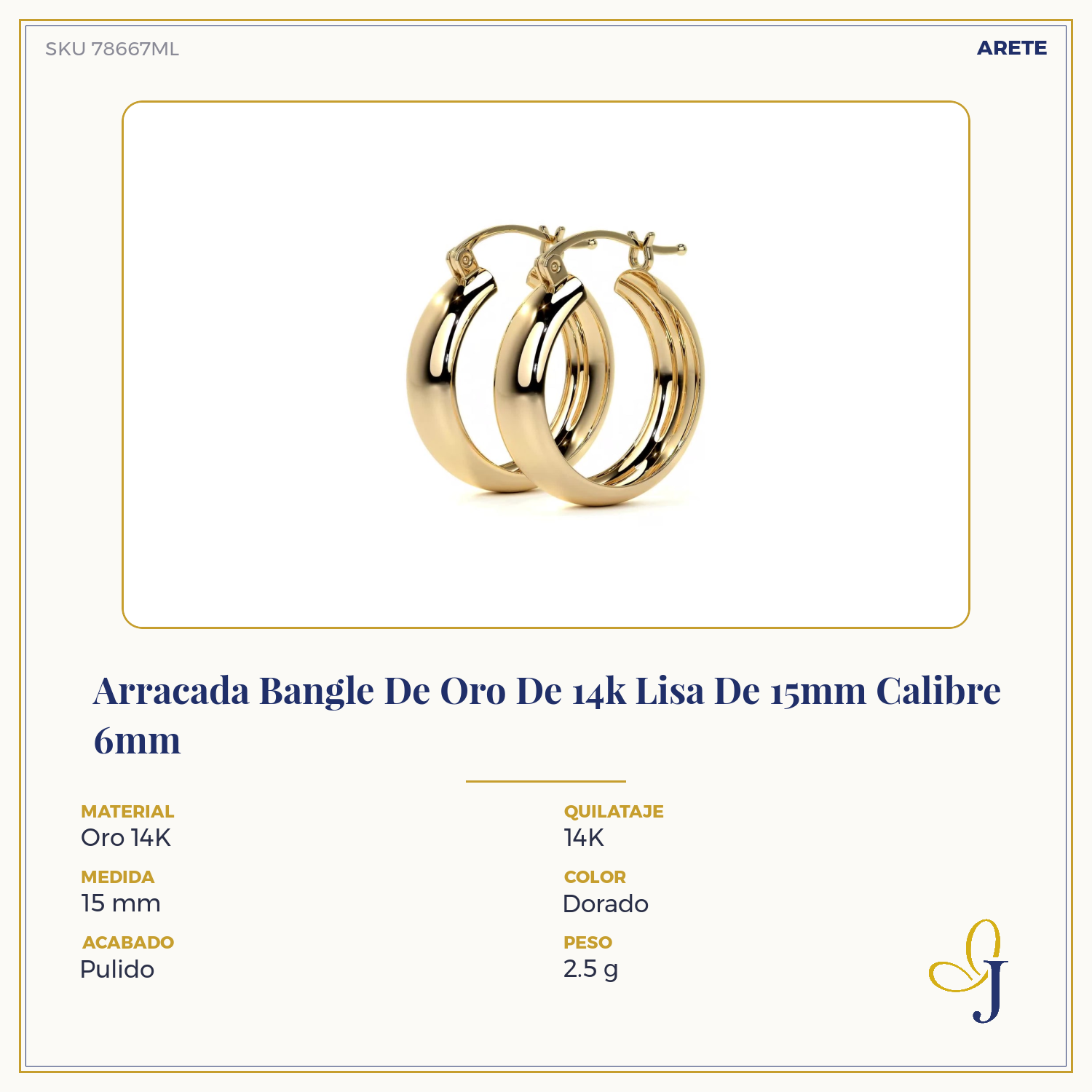 Arracada Bangle De Oro De 14k Lisa De 15mm, 6mm de Ancho