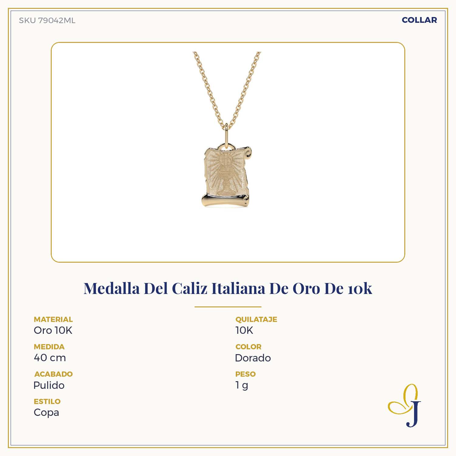 Medalla Del Caliz Italiana De Oro De 10k