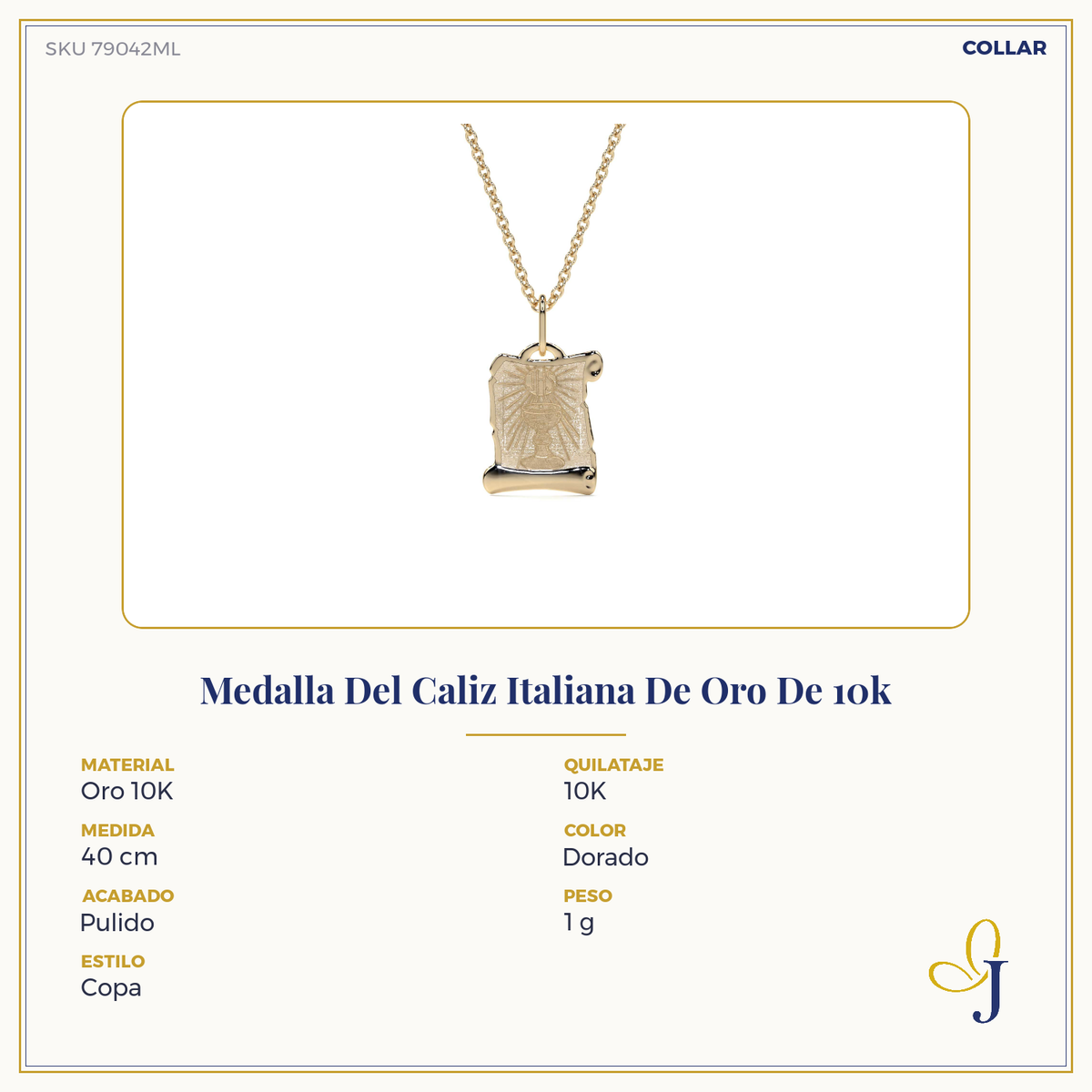 Dije de Oro 10K Medalla Religiosa Sagrado Caliz | Dije Oro Italiano 12mm | Joyería Fina