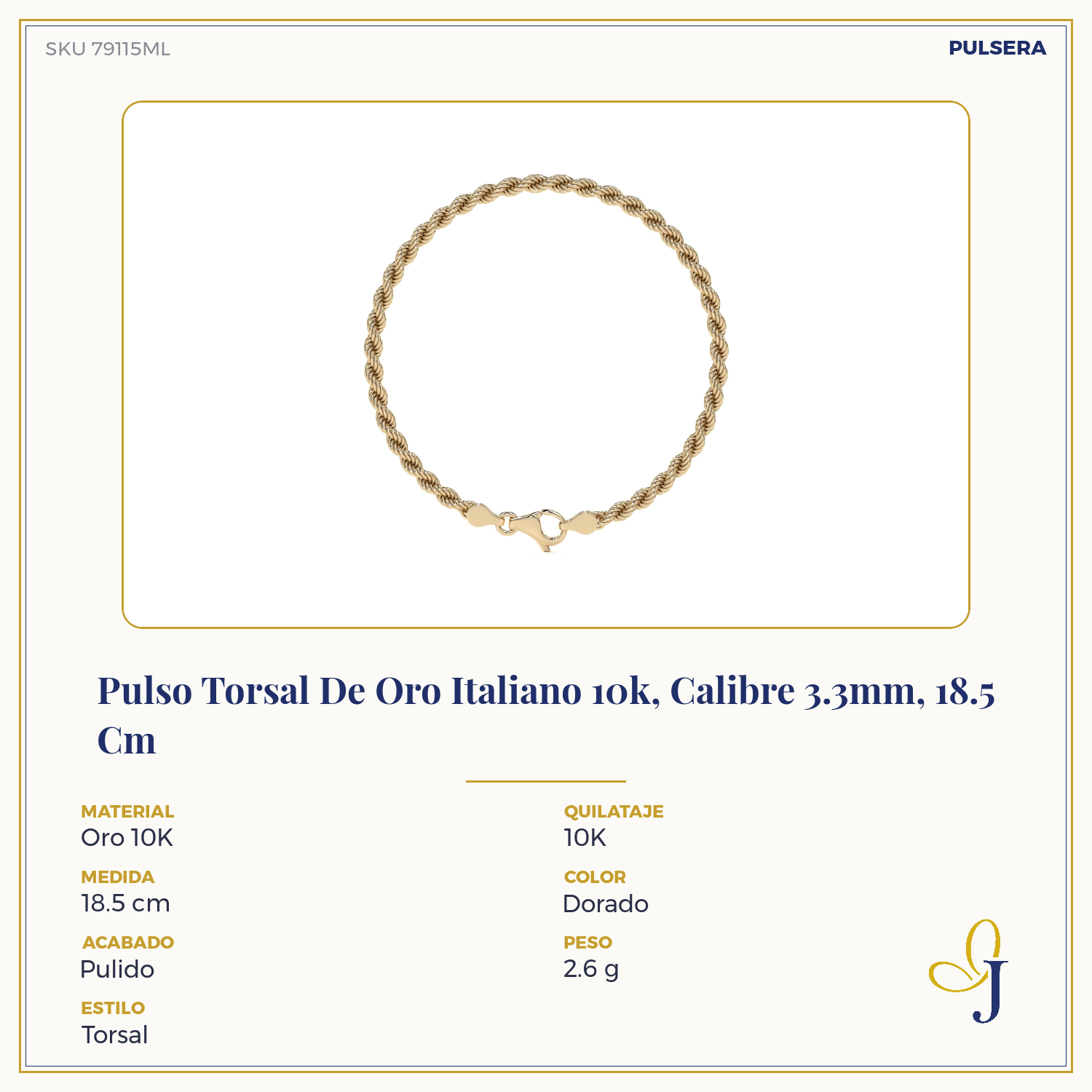 Pulso Torsal De Oro Italiano 10k, Calibre 3.3mm, 18.5 Cm