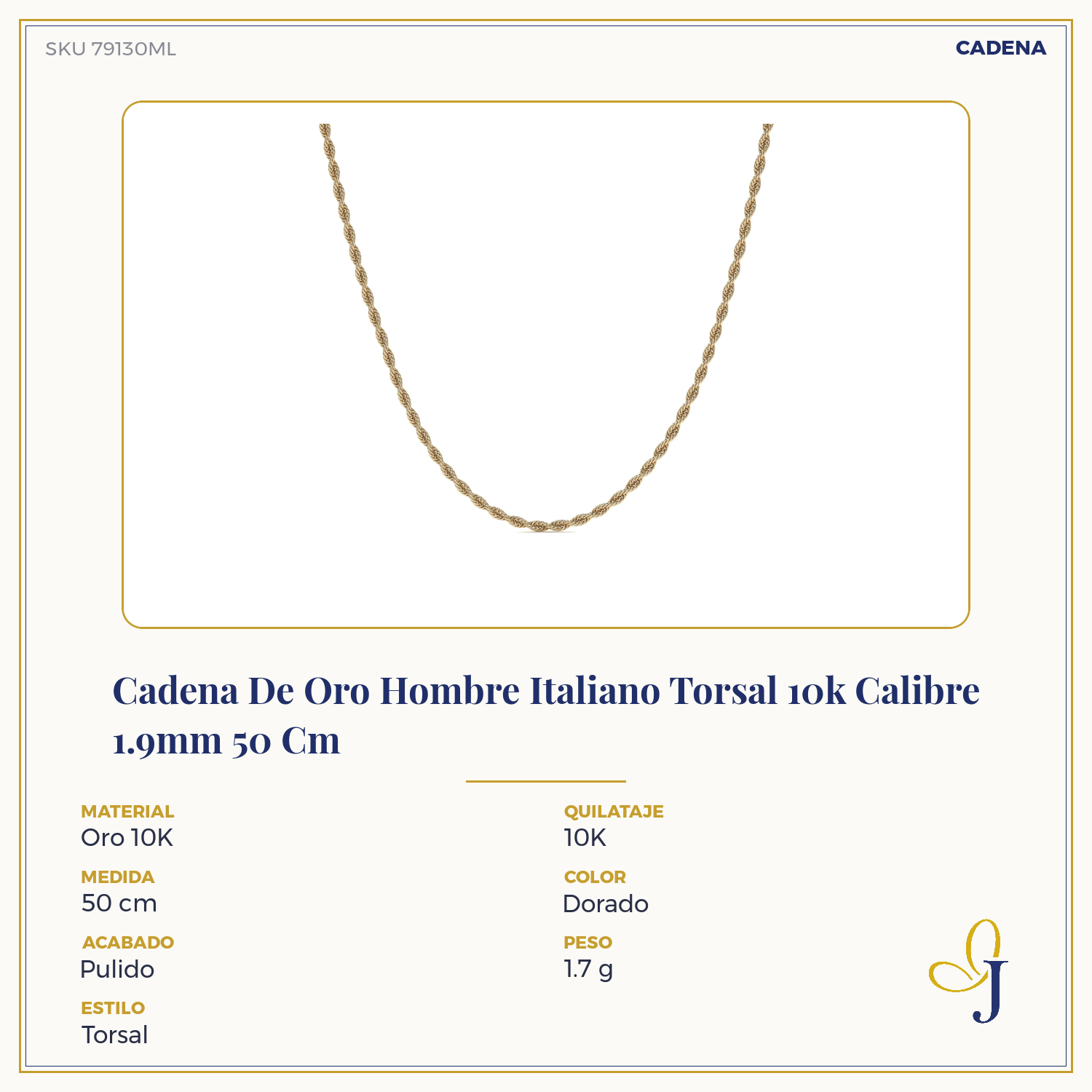 Cadena De Oro Hombre Italiano Torsal 10k Calibre 1.9mm 50 Cm