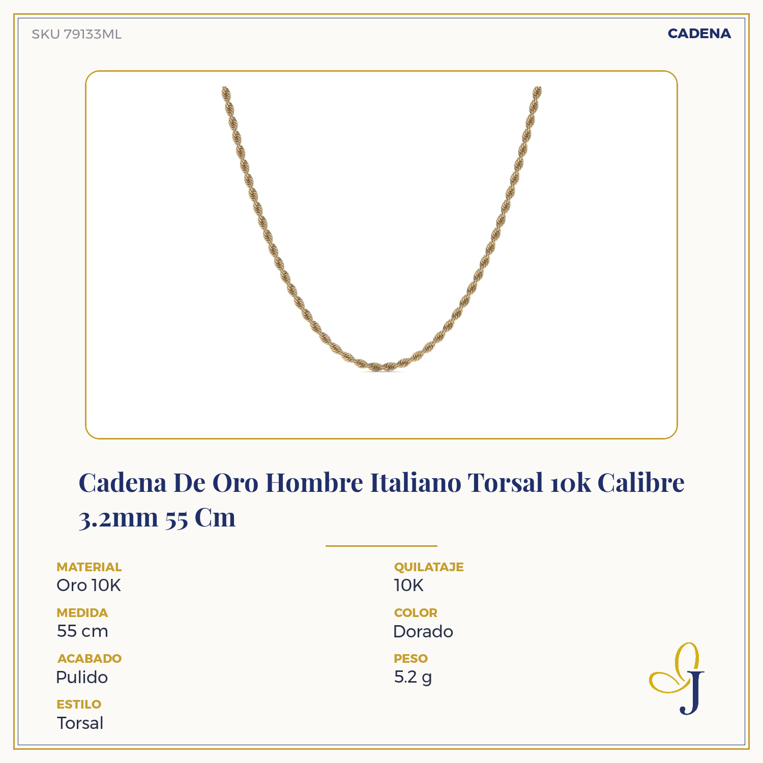 Cadena De Oro Hombre Italiano Torsal 10k Calibre 3.2mm 55 Cm