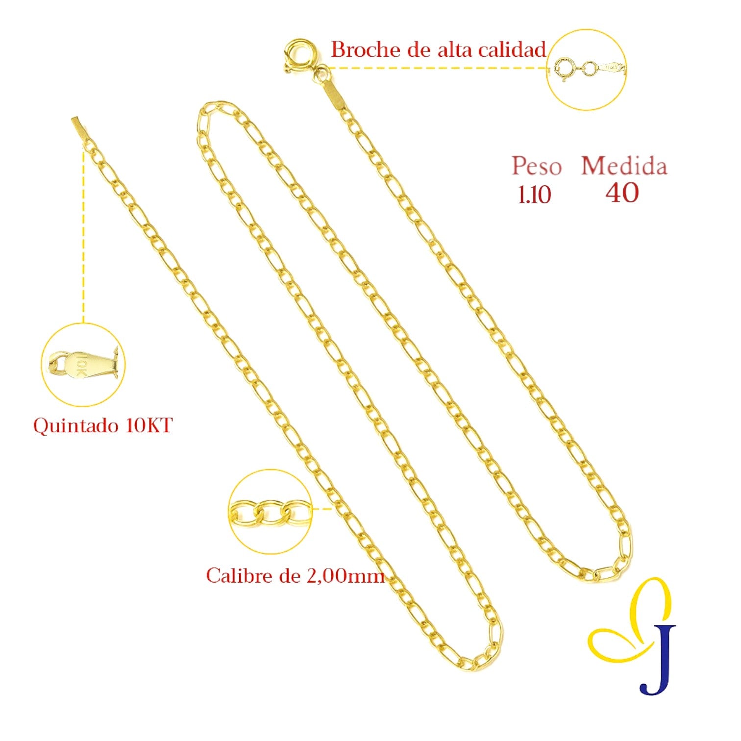 Cadena De Oro De 10k 3x1 Figaro Hueca Calibre 2.0mm