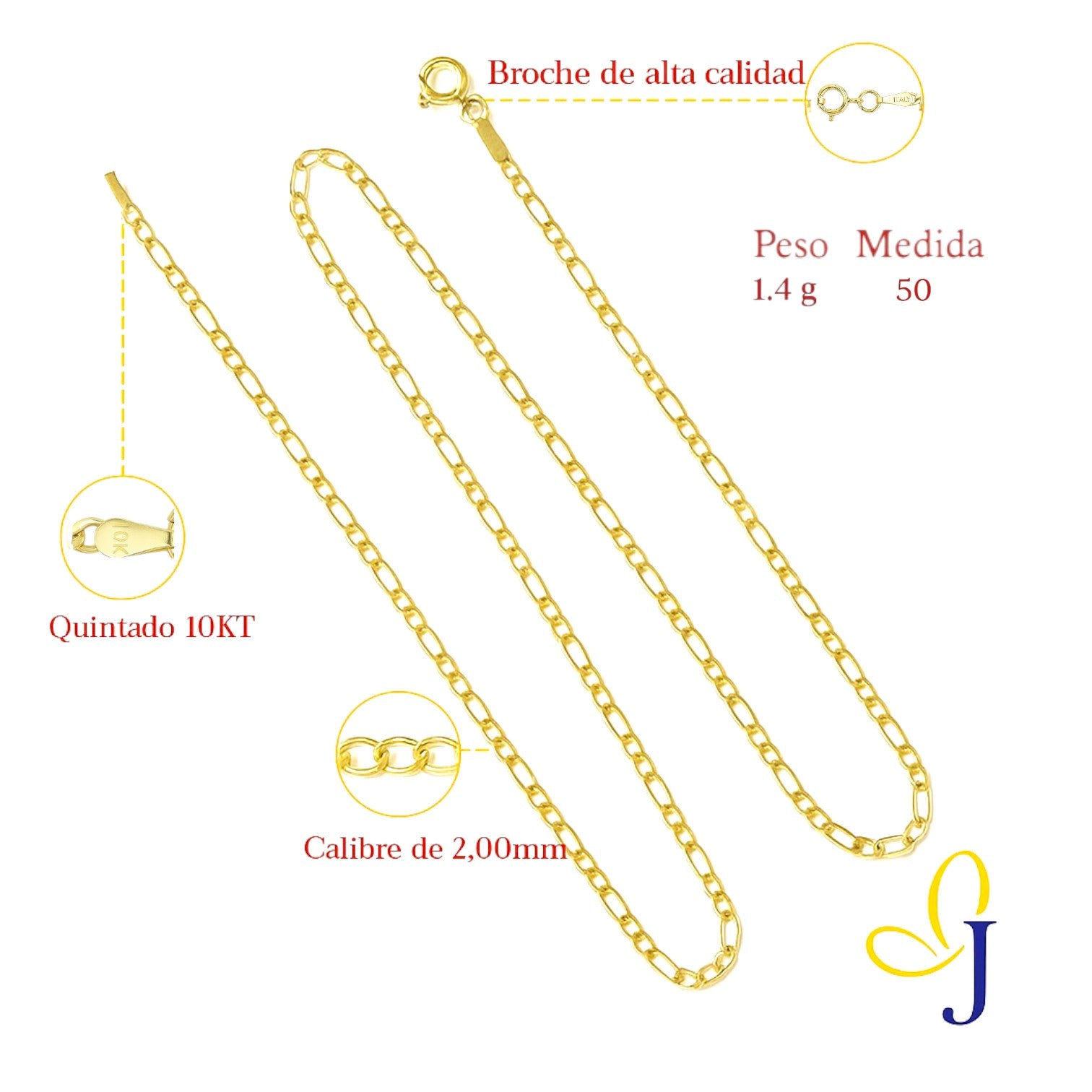 Cadena De Oro De 10k 3x1 Figaro Hueca Calibre 2.0mm