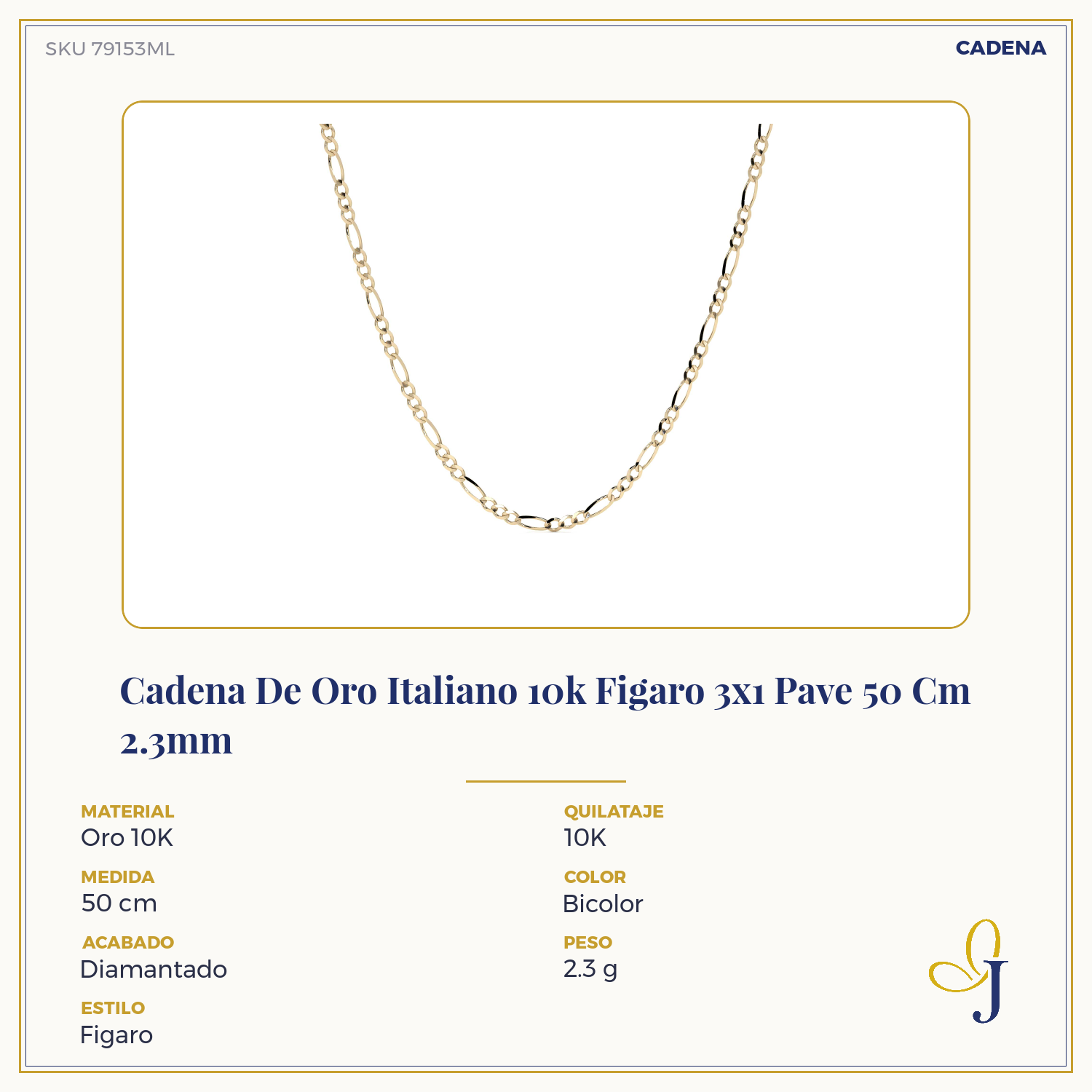Cadena De Oro Italiano 10k Figaro 3x1 Pave 50 Cm 2.3mm
