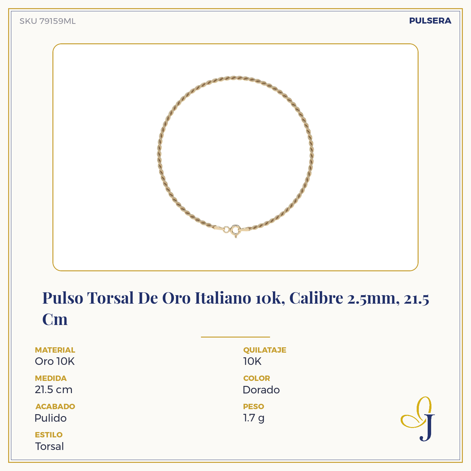 Pulso Torsal De Oro Italiano 10k, Calibre 2.5mm, 21.5 Cm
