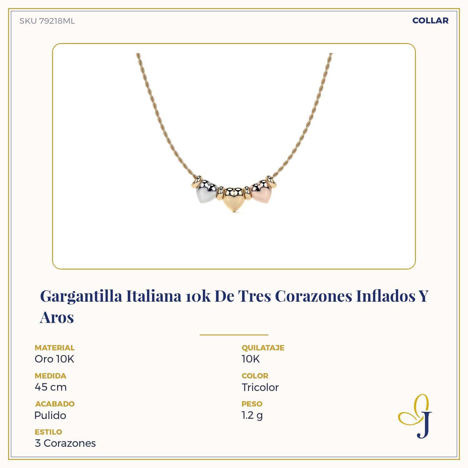 Gargantilla Italiana 10k De Tres Corazones Inflados Y Aros
