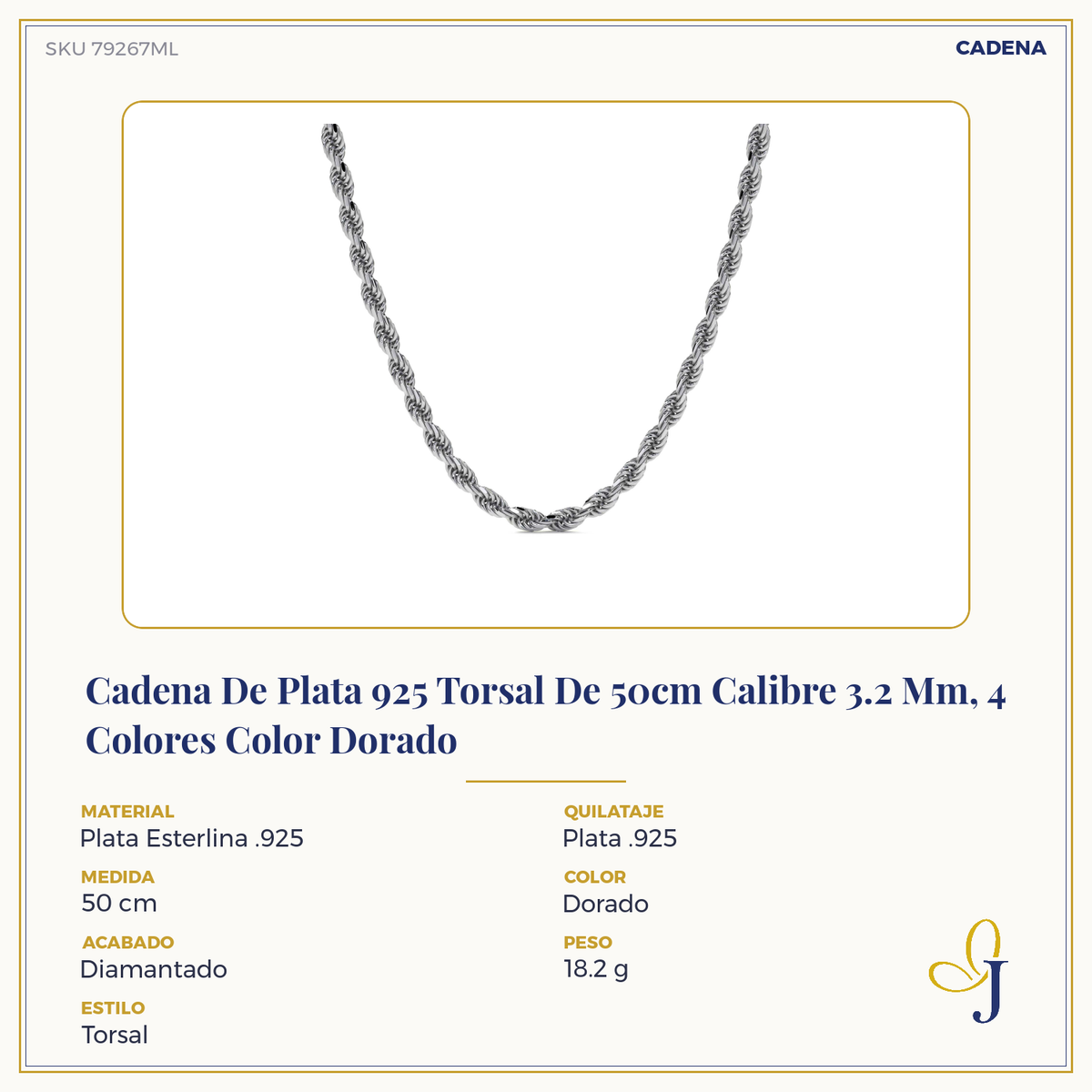 Cadena De Plata 925 Torsal Calibre 3.2 Mm, 4 Colores