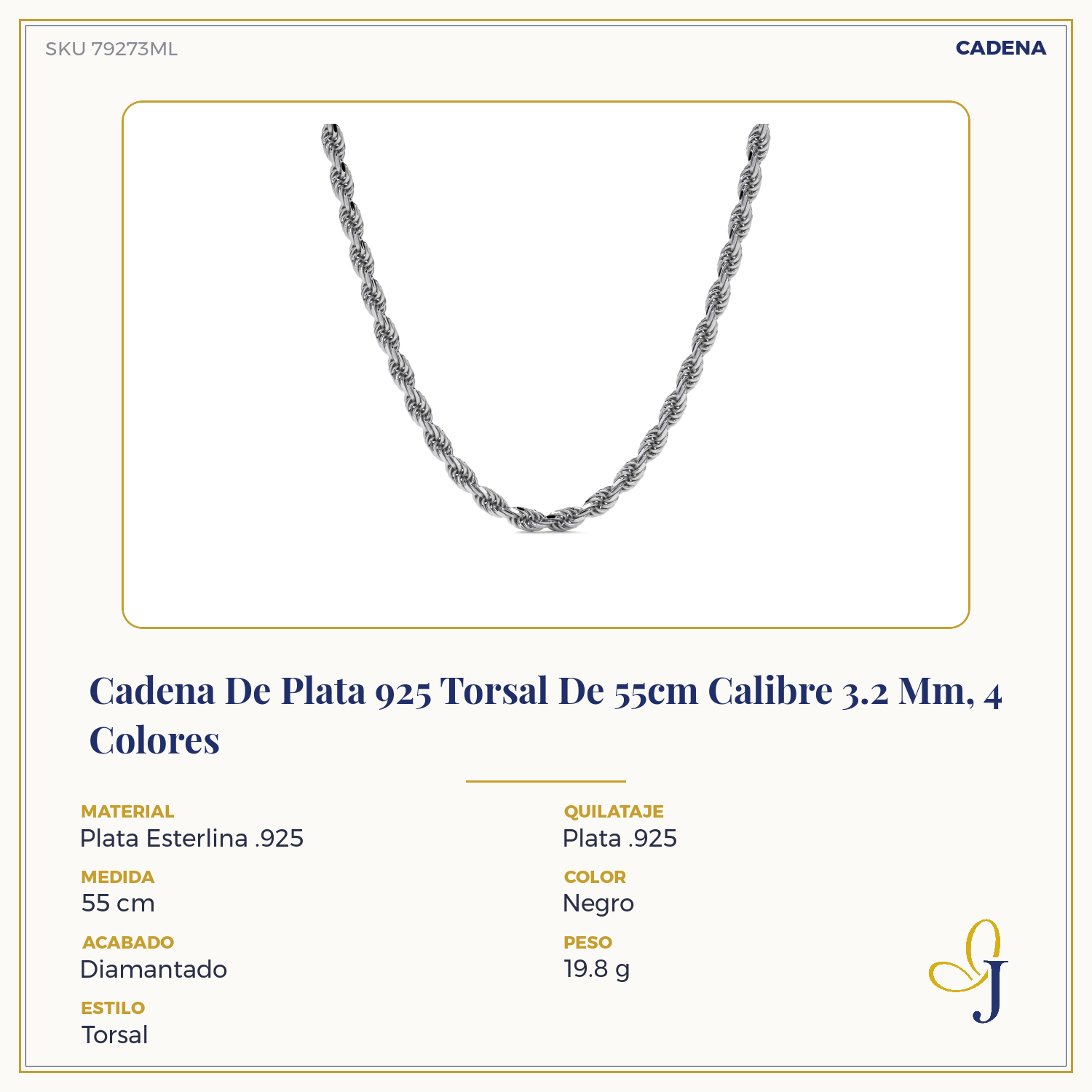 Cadena De Plata 925 Torsal De 55cm Calibre 3.2 Mm, 4 Colores