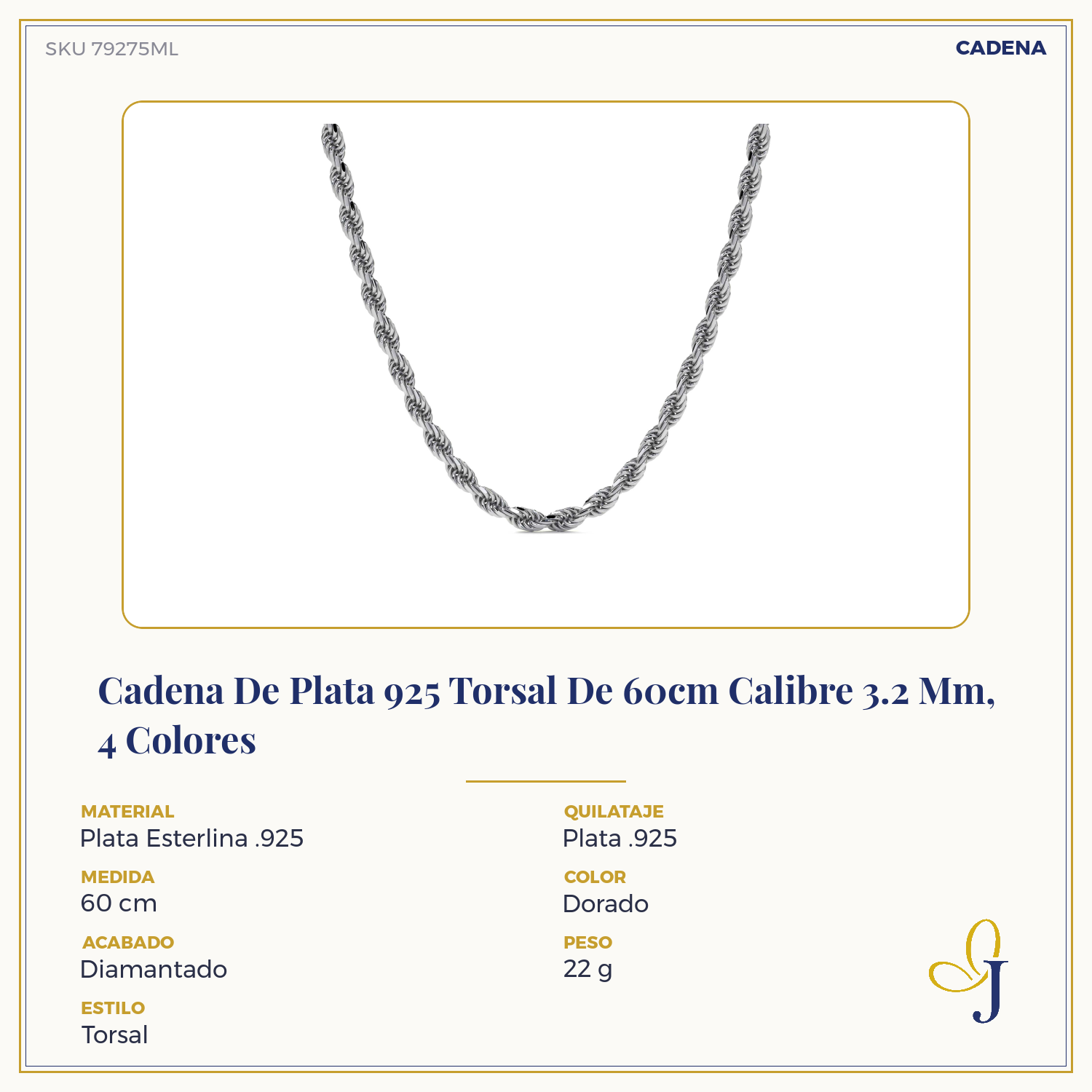 Cadena De Plata 925 Torsal De 60cm Calibre 3.2 Mm, 4 Colores