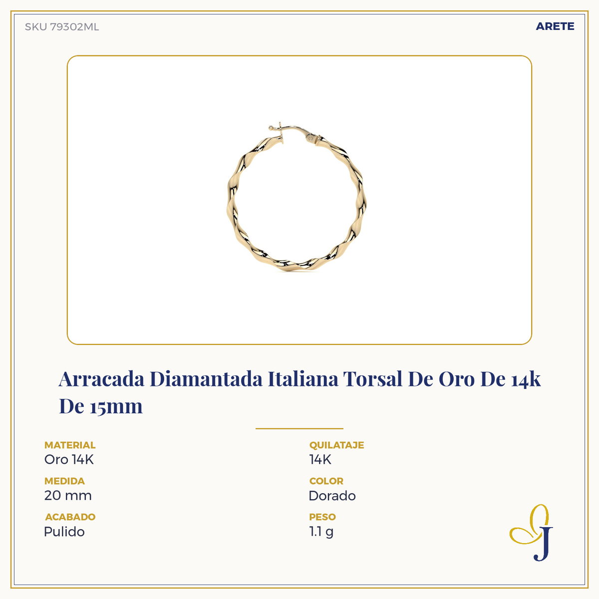 Arracada De Oro Italiana De 14k Torsida