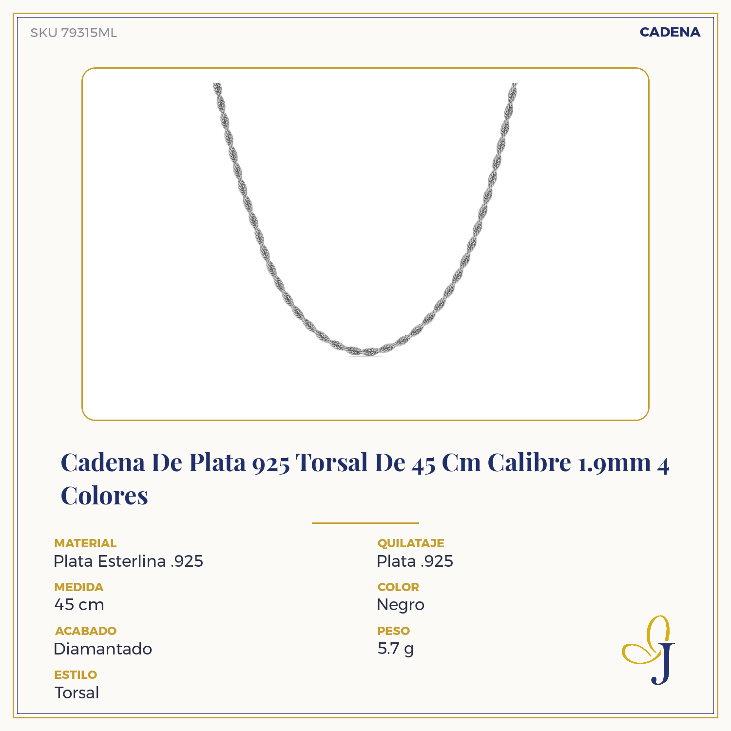 Cadena De Plata 925 Torsal De 45 Cm Calibre 1.9mm 4 Colores