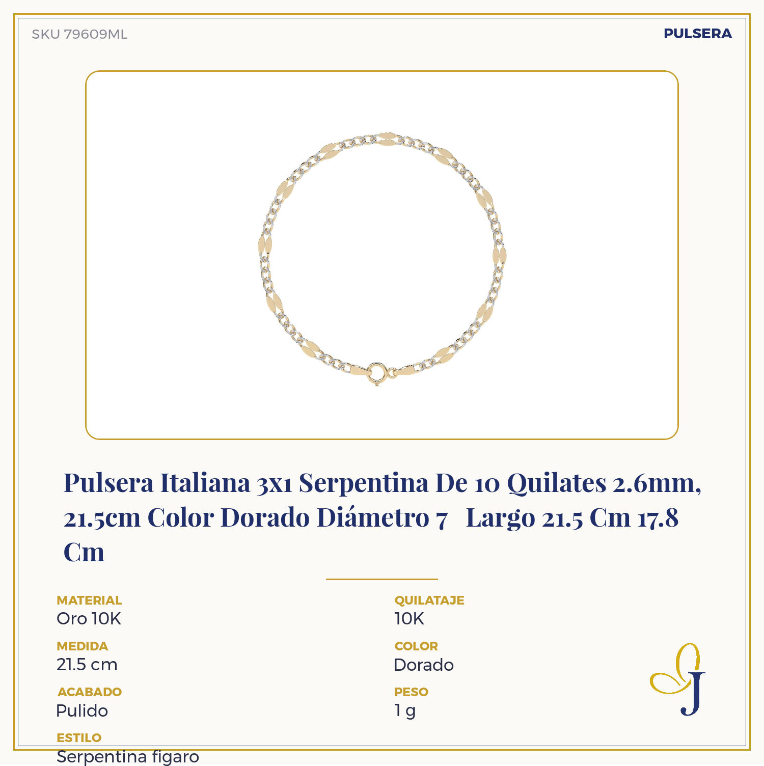 Pulsera Italiana 3x1 Serpentina De 10 Quilates 2.6mm, 21.5cm Color Dorado Diámetro 7   Largo 21.5 Cm 17.8 Cm