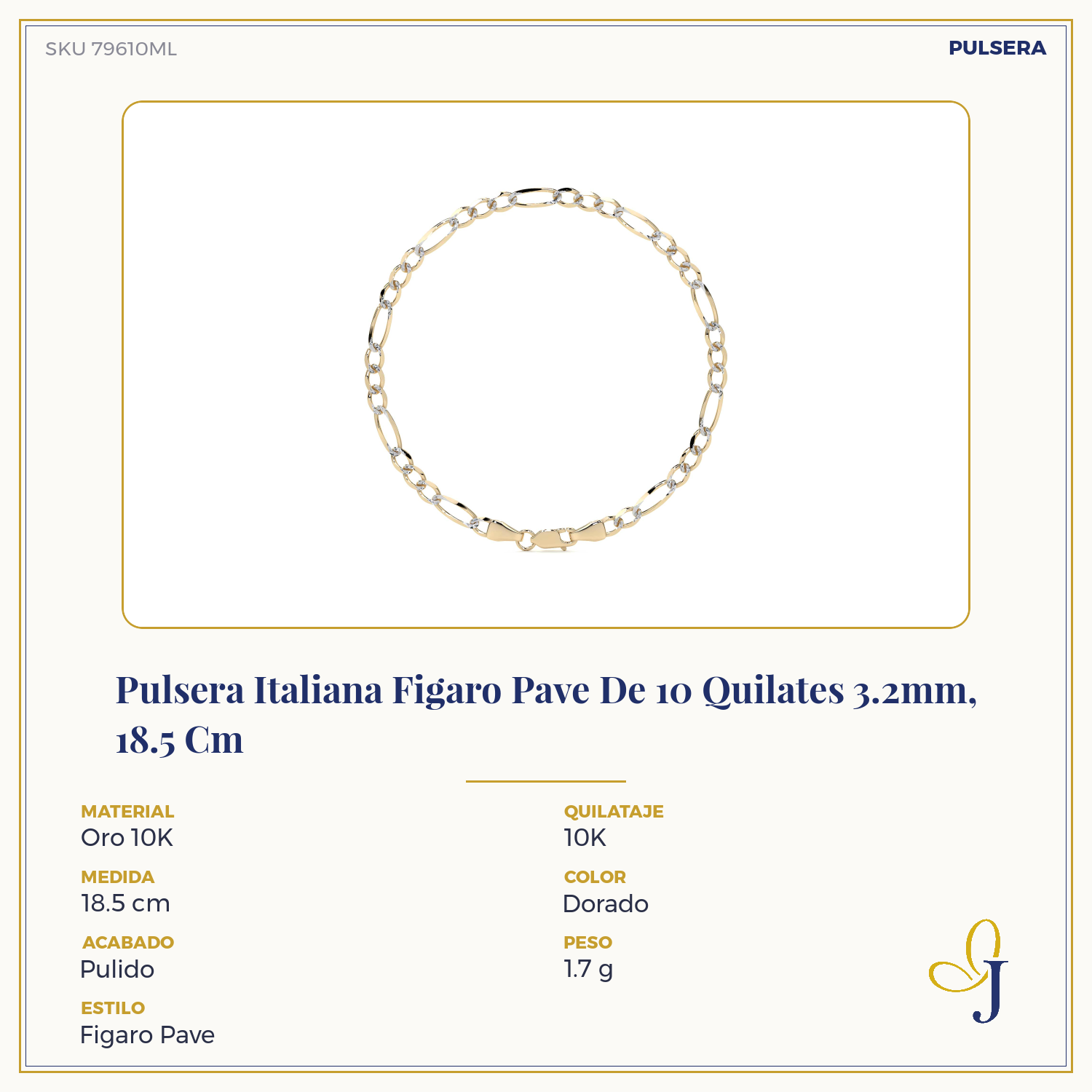 Pulsera Italiana Figaro Pave De 10 Quilates 3.2mm, 21.5 Cm
