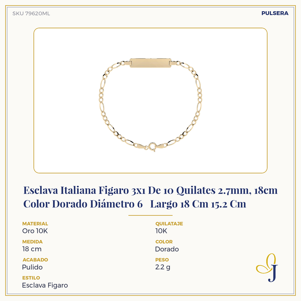 Esclava Italiana Figaro 3x1 De 10 Quilates 2.7mm, 18cm Color Dorado Diámetro 6   Largo 18 Cm 15.2 Cm