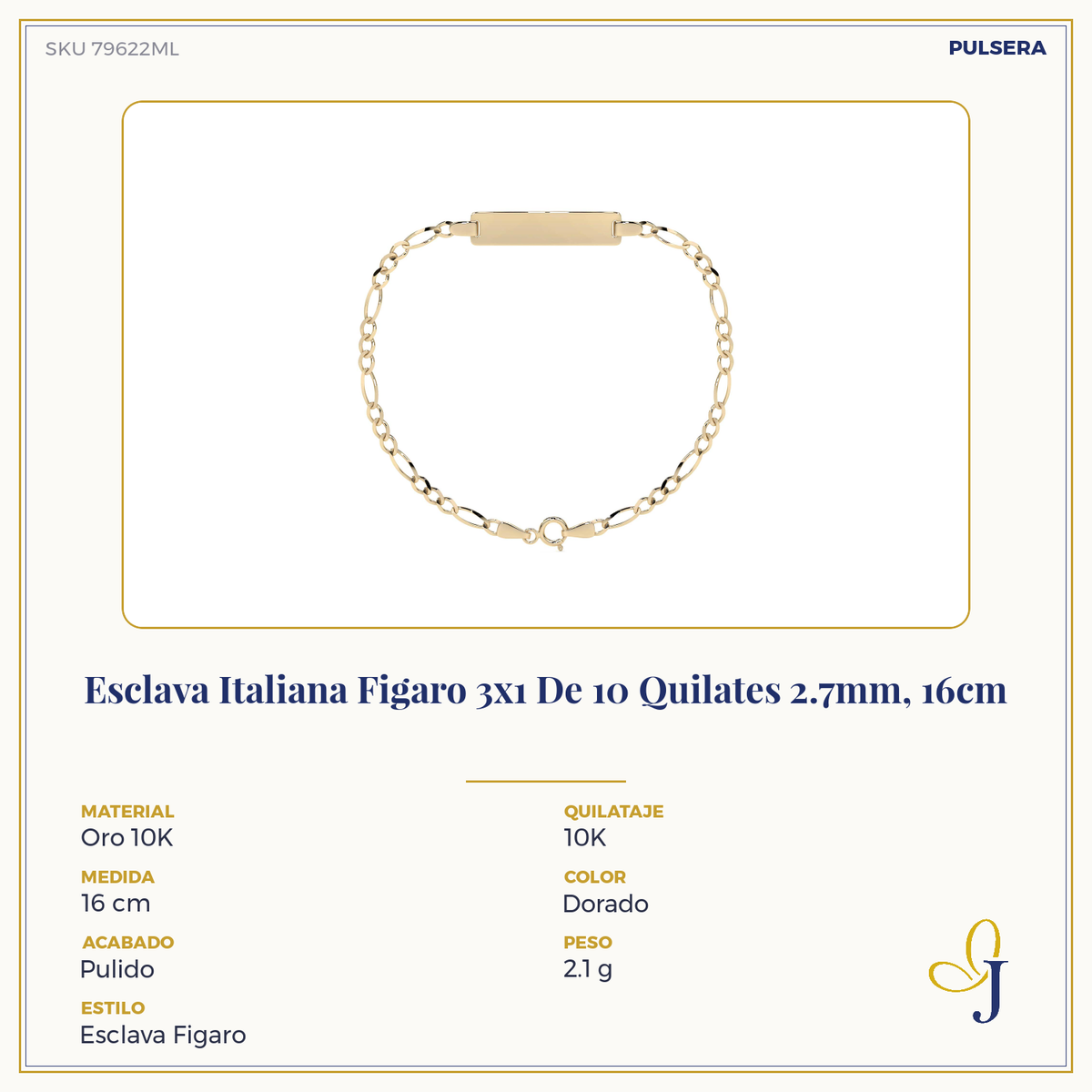 Esclava Italiana Figaro 3x1 De 10 Quilates 2.7mm, 18cm Color Dorado Diámetro 6   Largo 18 Cm 15.2 Cm