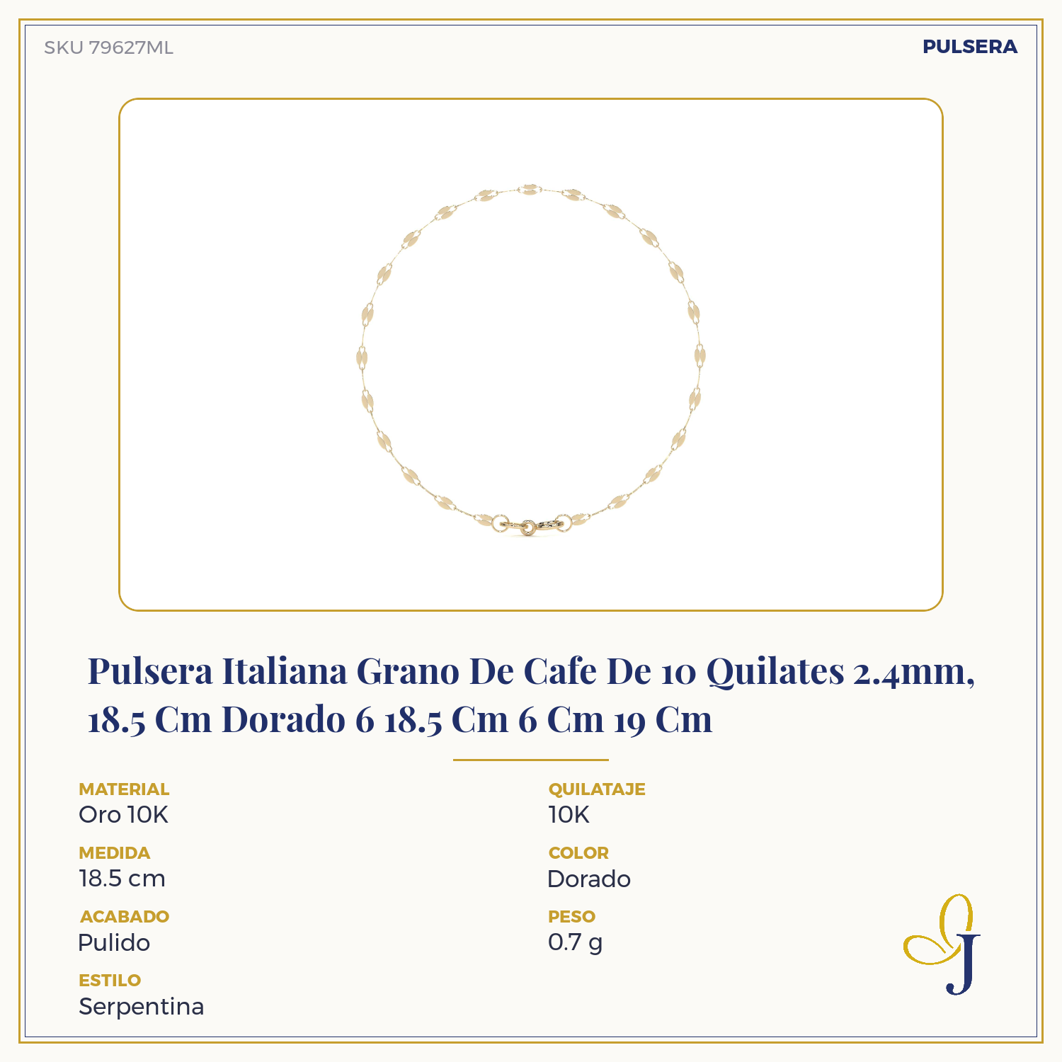 Pulsera Italiana Grano De Cafe De 10 Quilates 2.4mm, 18.5 Cm Dorado 6 18.5 Cm 6 Cm 19 Cm