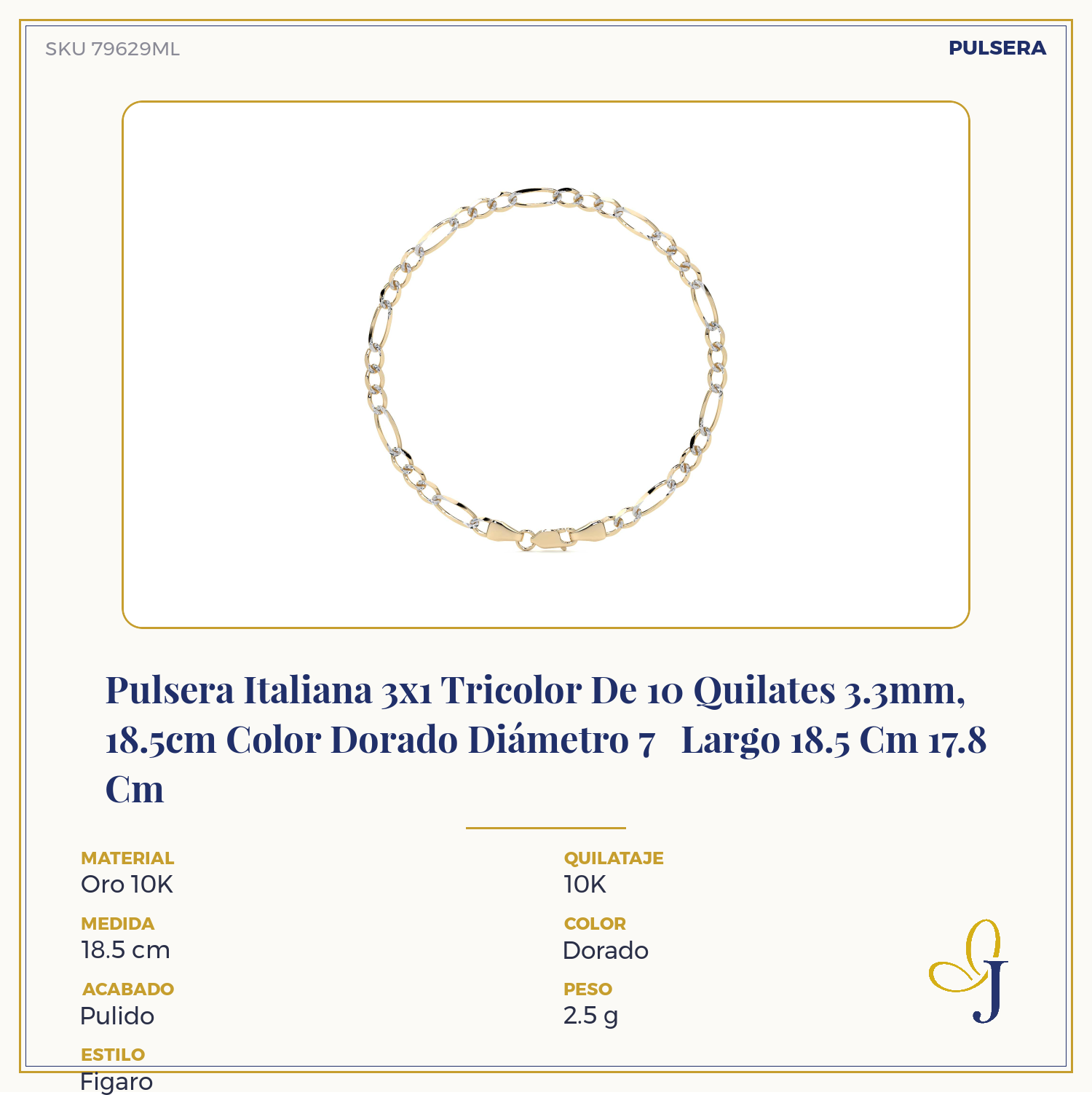 Pulsera Italiana 3x1 Tricolor De 10 Quilates 3.3mm, 18.5cm Color Dorado Diámetro 7   Largo 18.5 Cm 17.8 Cm
