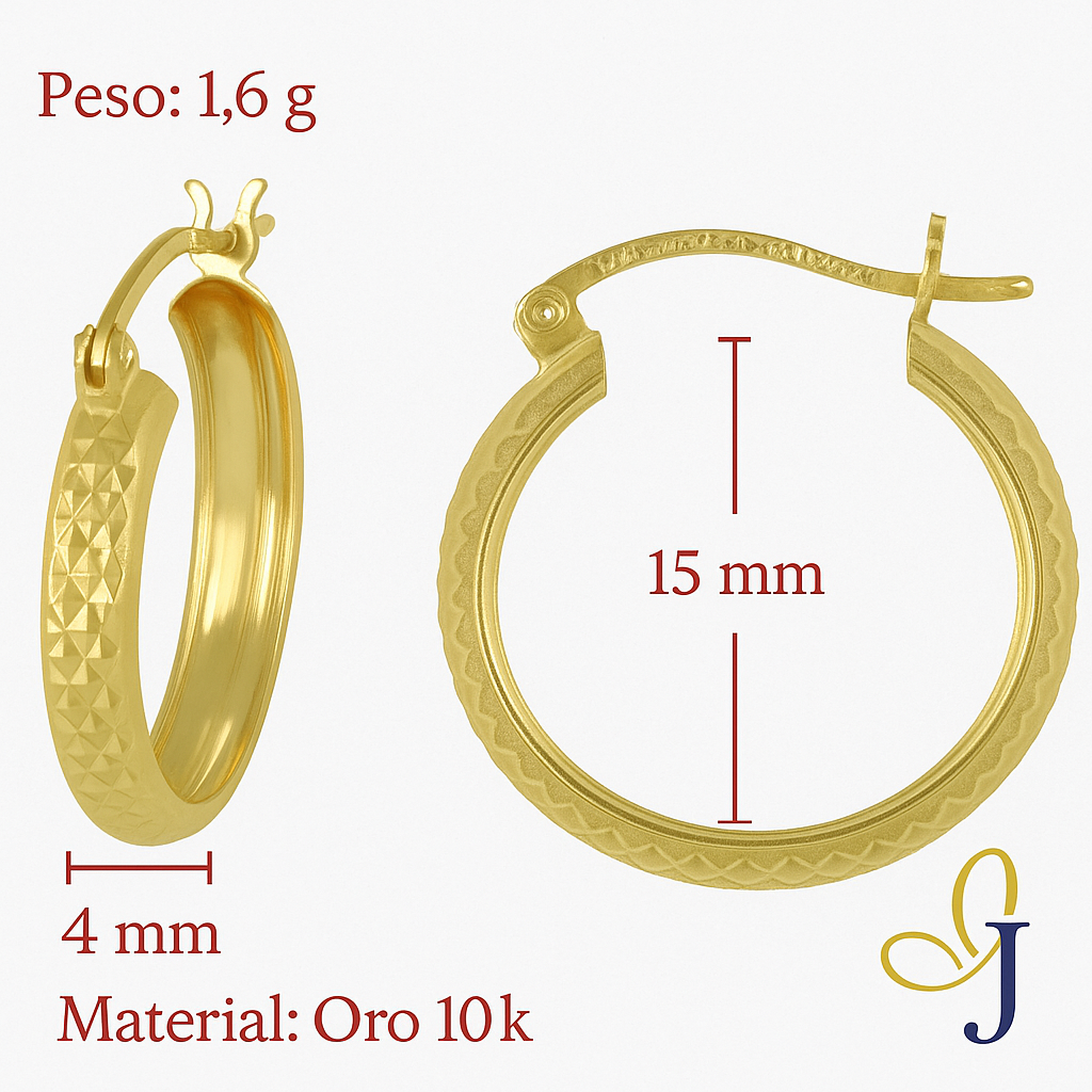 Arracada Diamantada Bangle De Oro 10k Estilo Panal, 4mm de Ancho