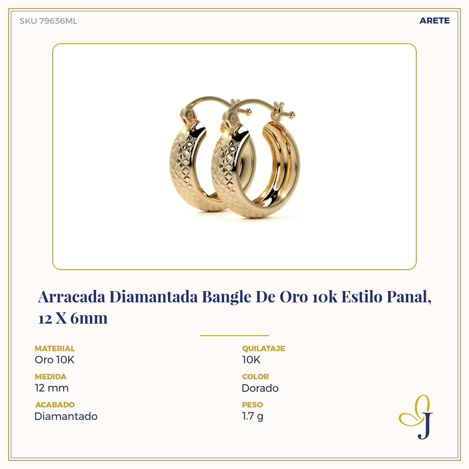 Arracada Diamantada Bangle De Oro 10k Estilo Panal, 12 X 6mm