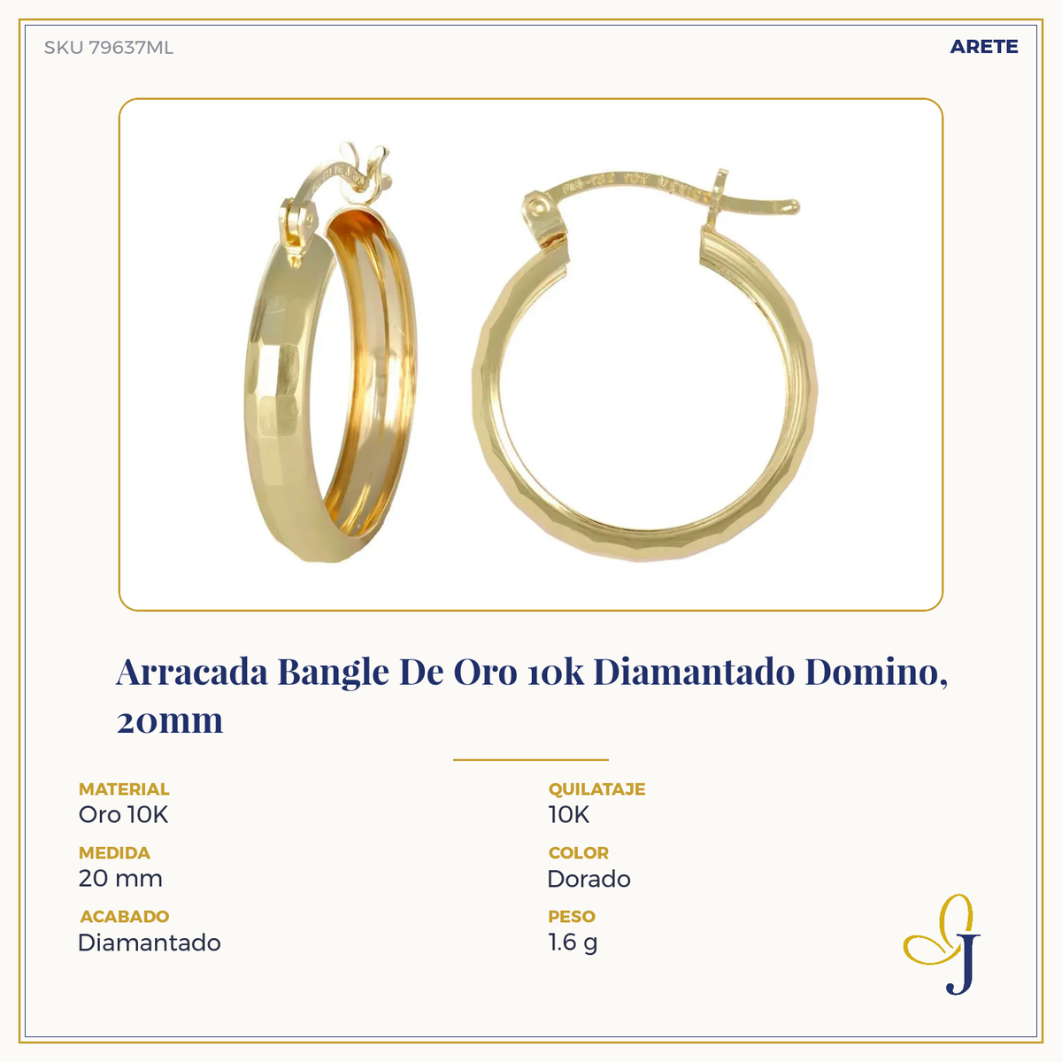 Arracada Bangle De Oro 10k Diamantado Domino, 15mm