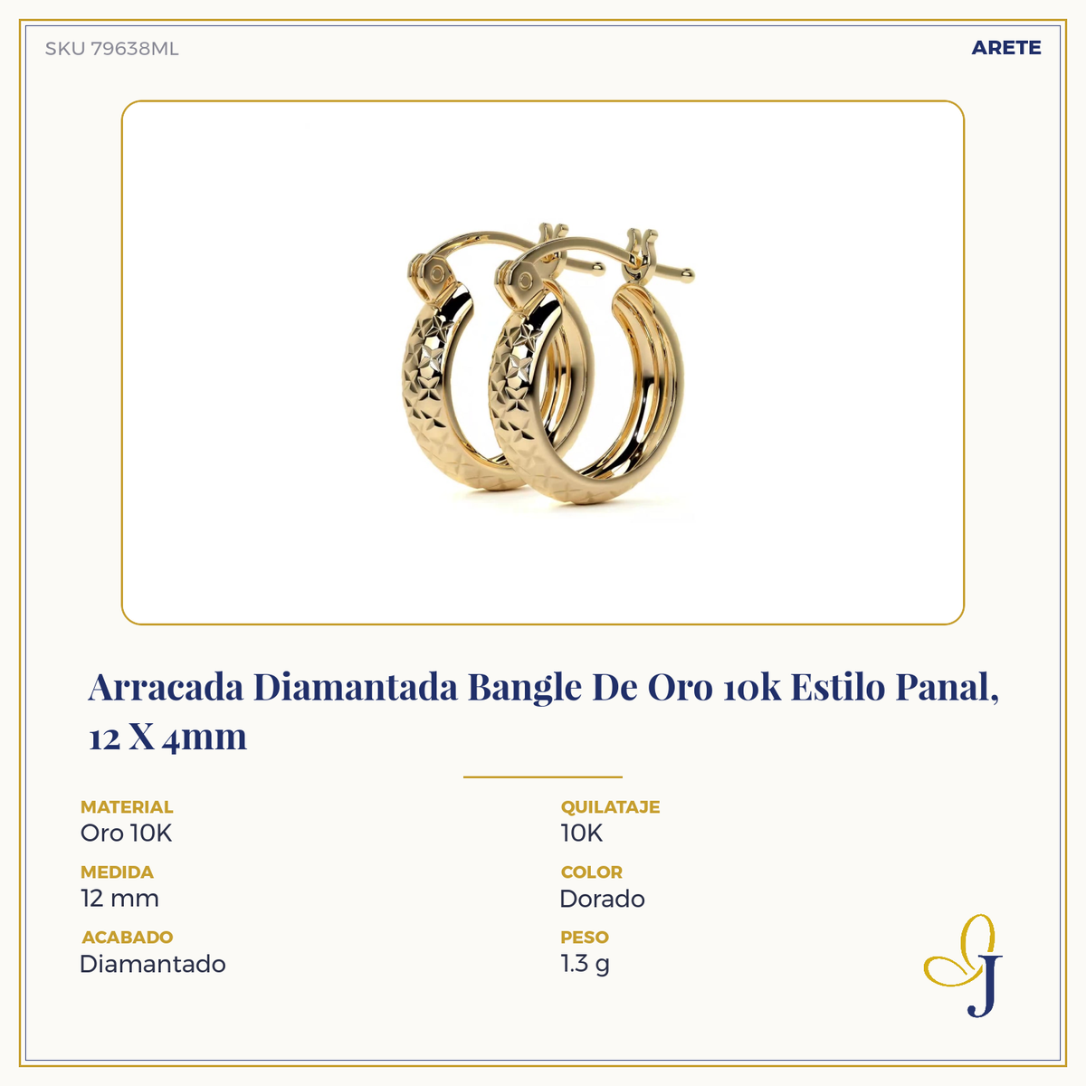 Arracada Diamantada Bangle De Oro 10k Estilo Panal, 15 X 4mm Dorado
