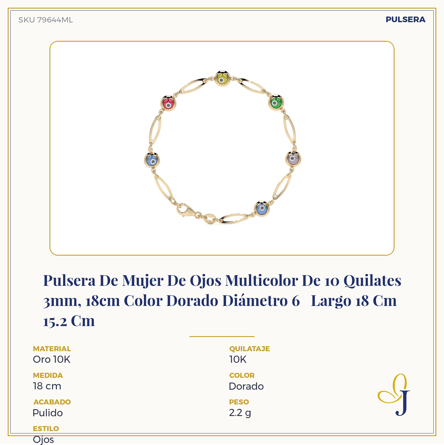 Pulsera De Mujer De Ojos Multicolor De 10 Quilates 3mm, 18cm Color Dorado Diámetro 6   Largo 18 Cm 15.2 Cm
