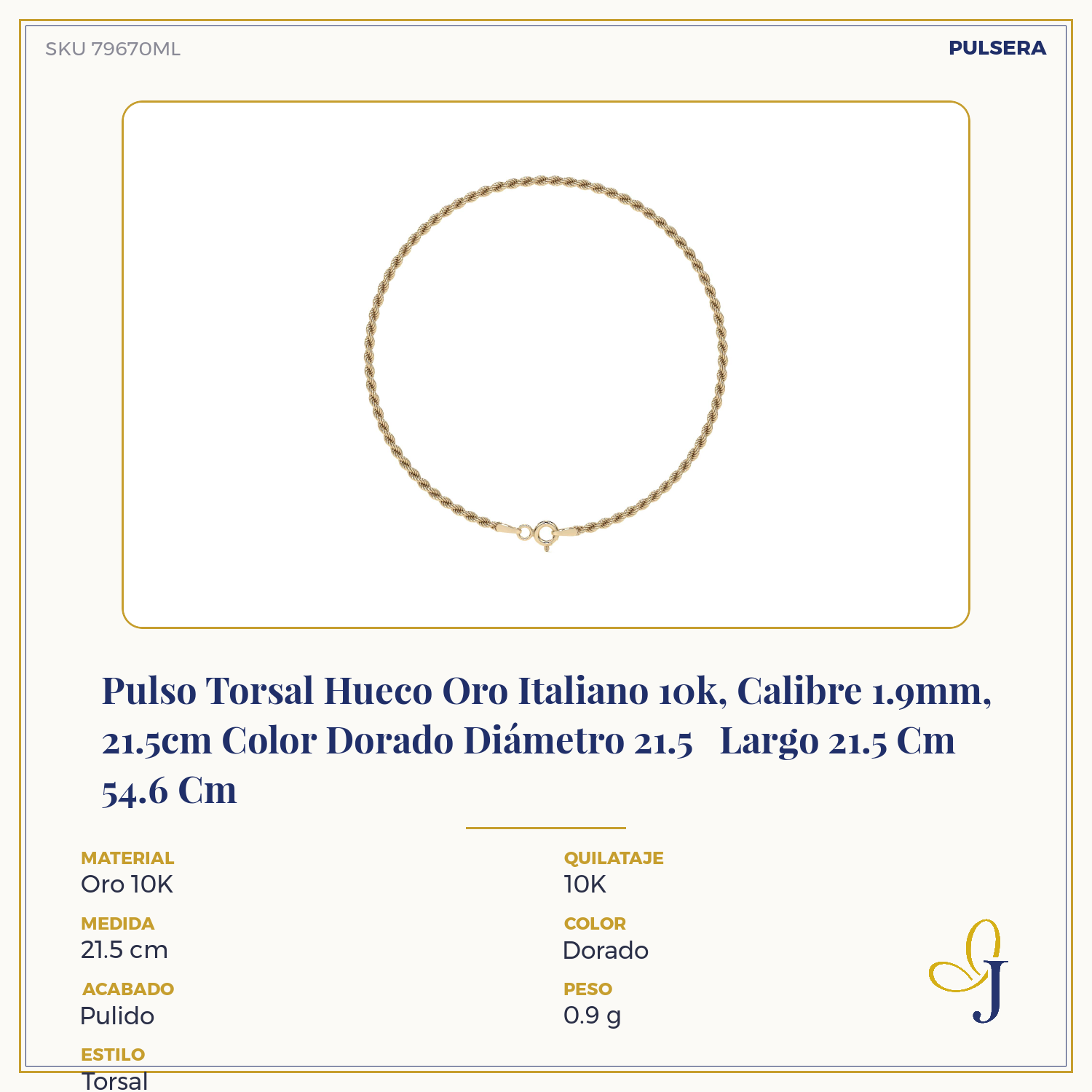 Pulsera De Oro 10k Torsal De 18.5 Cm Calibre 1.9 Mm Dorado